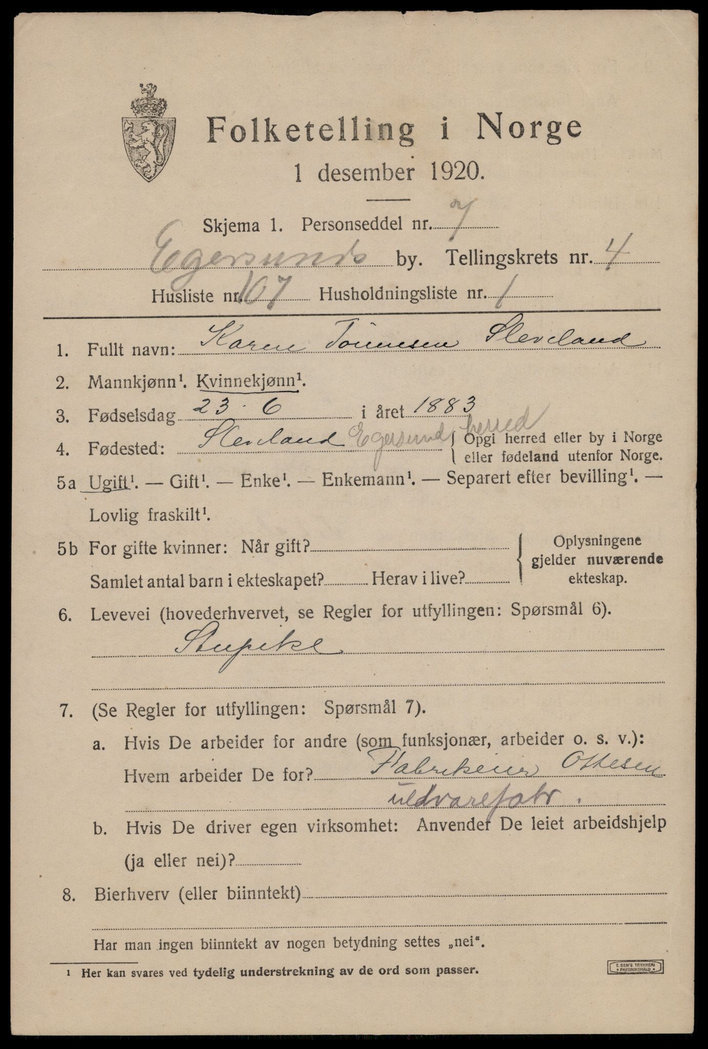 SAST, 1920 census for Egersund town, 1920, p. 8040