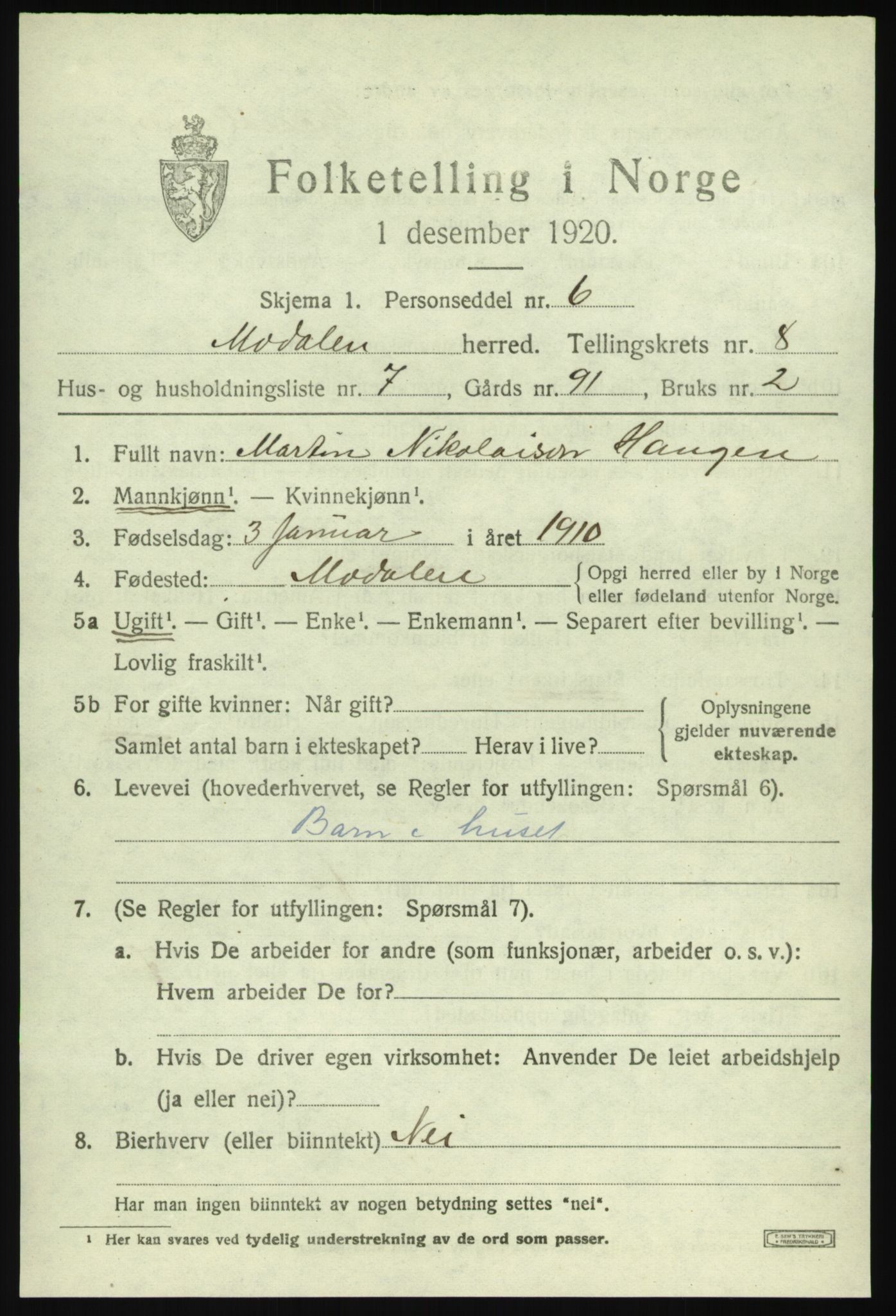 SAB, 1920 census for Modalen, 1920, p. 1594