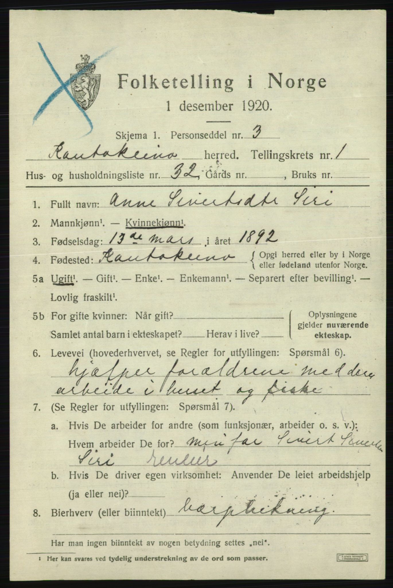 SATØ, 1920 census for Kautokeino, 1920, p. 831