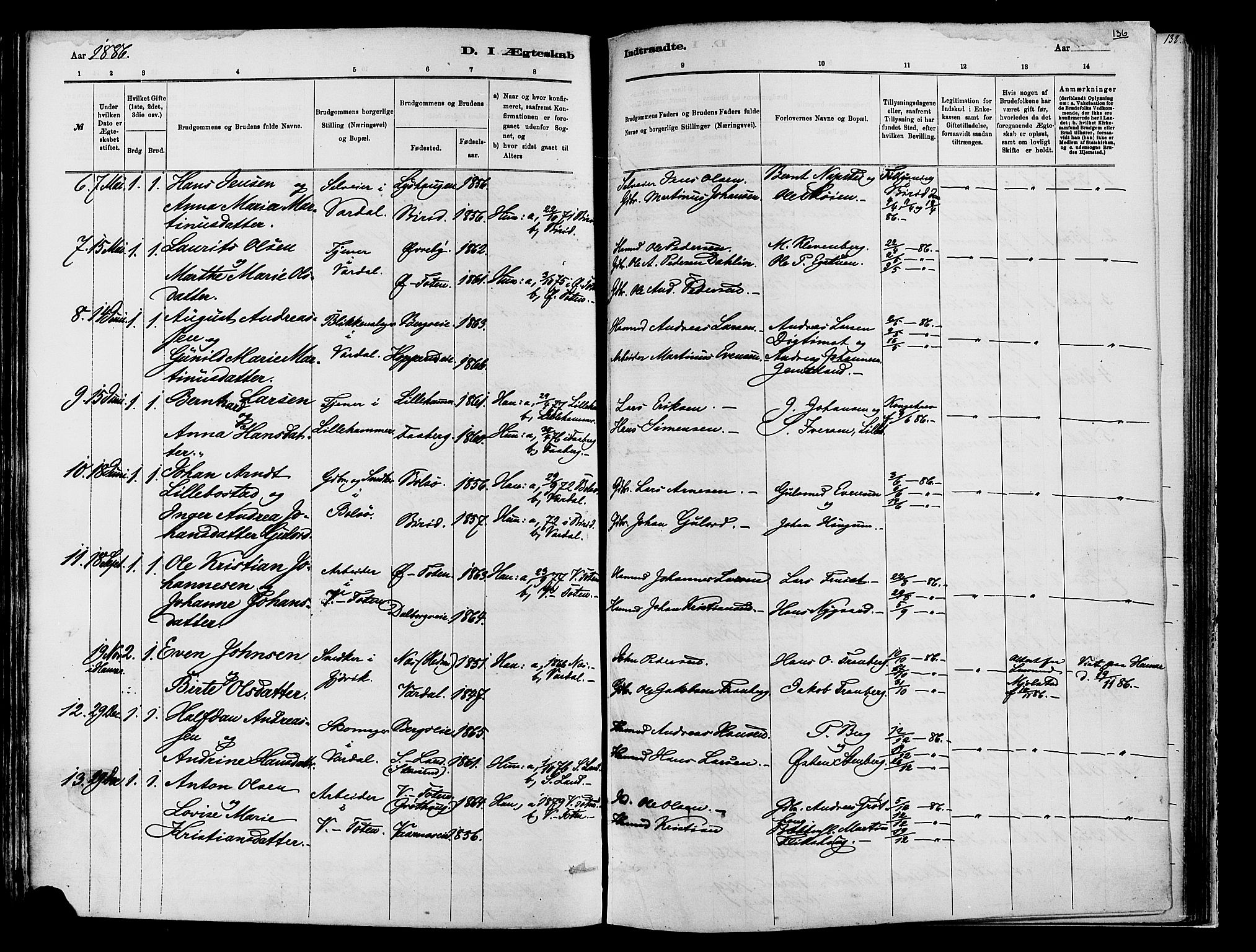Vardal prestekontor, SAH/PREST-100/H/Ha/Haa/L0009: Parish register (official) no. 9, 1878-1892, p. 136