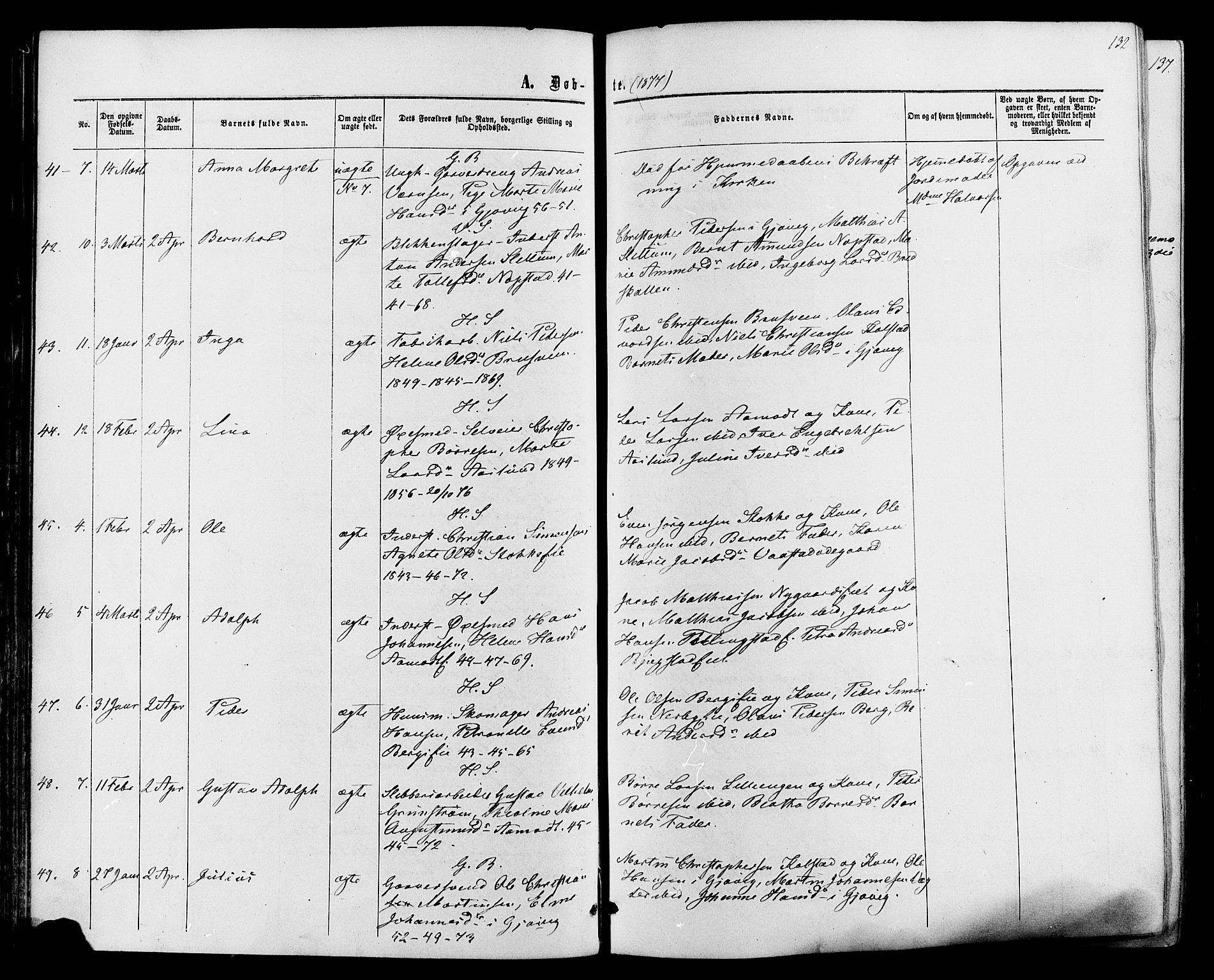 Vardal prestekontor, SAH/PREST-100/H/Ha/Haa/L0007: Parish register (official) no. 7, 1867-1878, p. 132