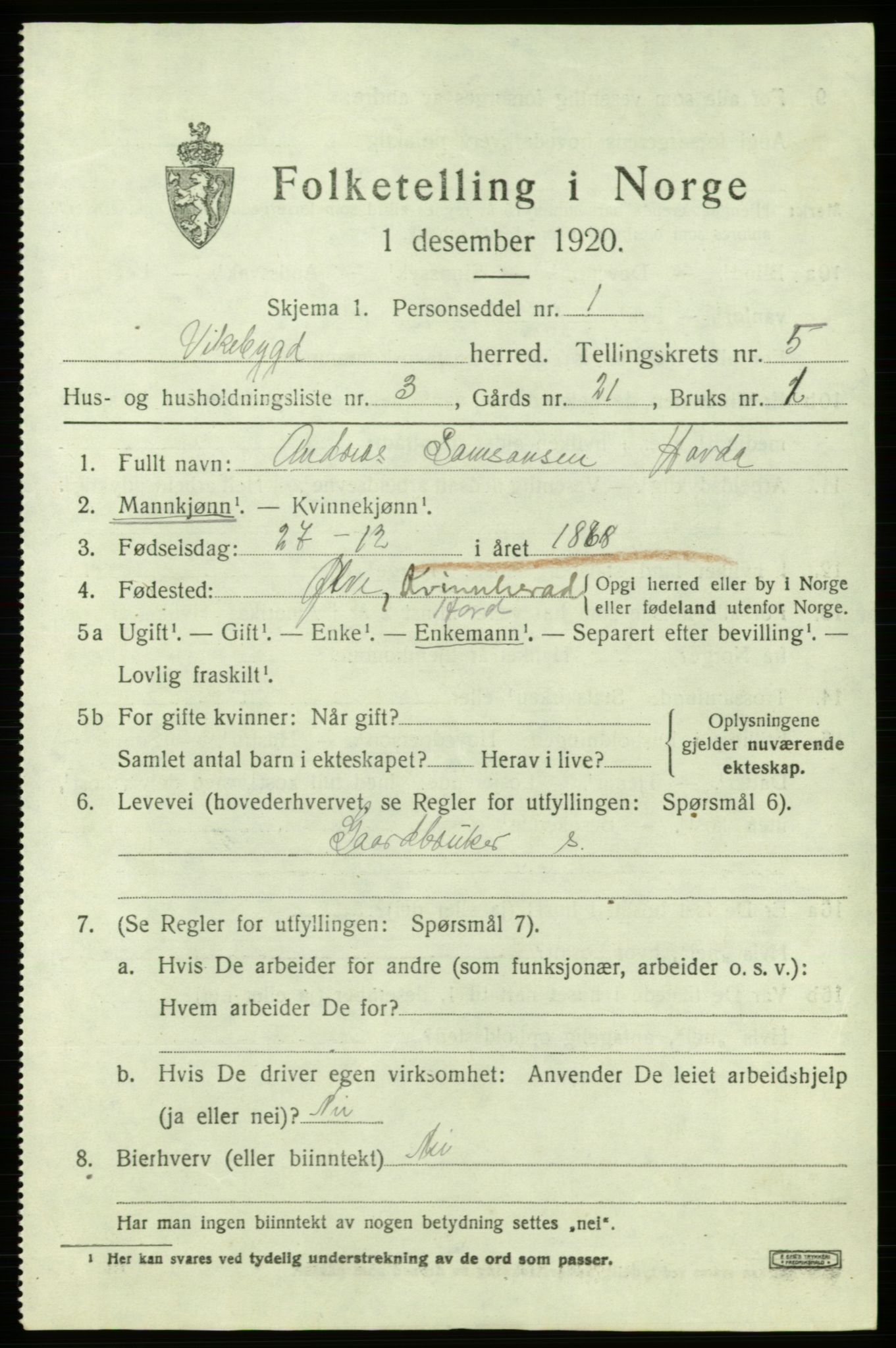SAB, 1920 census for Vikebygd, 1920, p. 1693