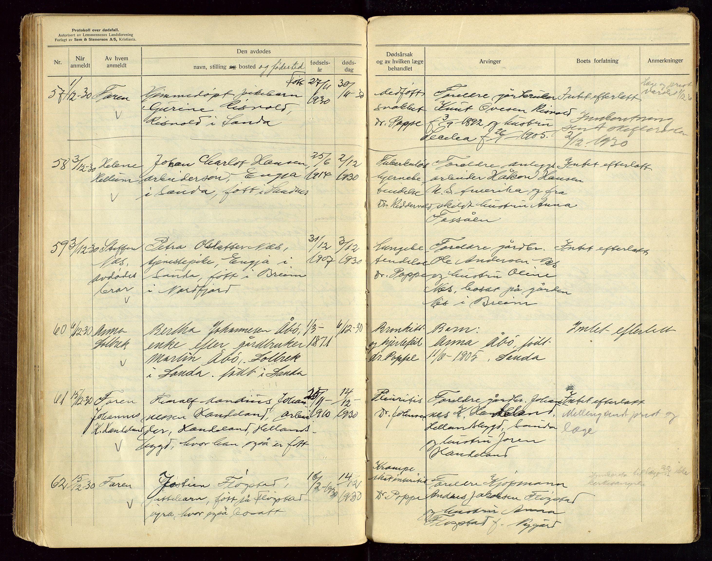 Sauda lensmannskontor, AV/SAST-A-100177/Gga/L0002: "Protokoll over anmeldte dødsfall i Sauda lensmannsdistrikt", 1924-1931