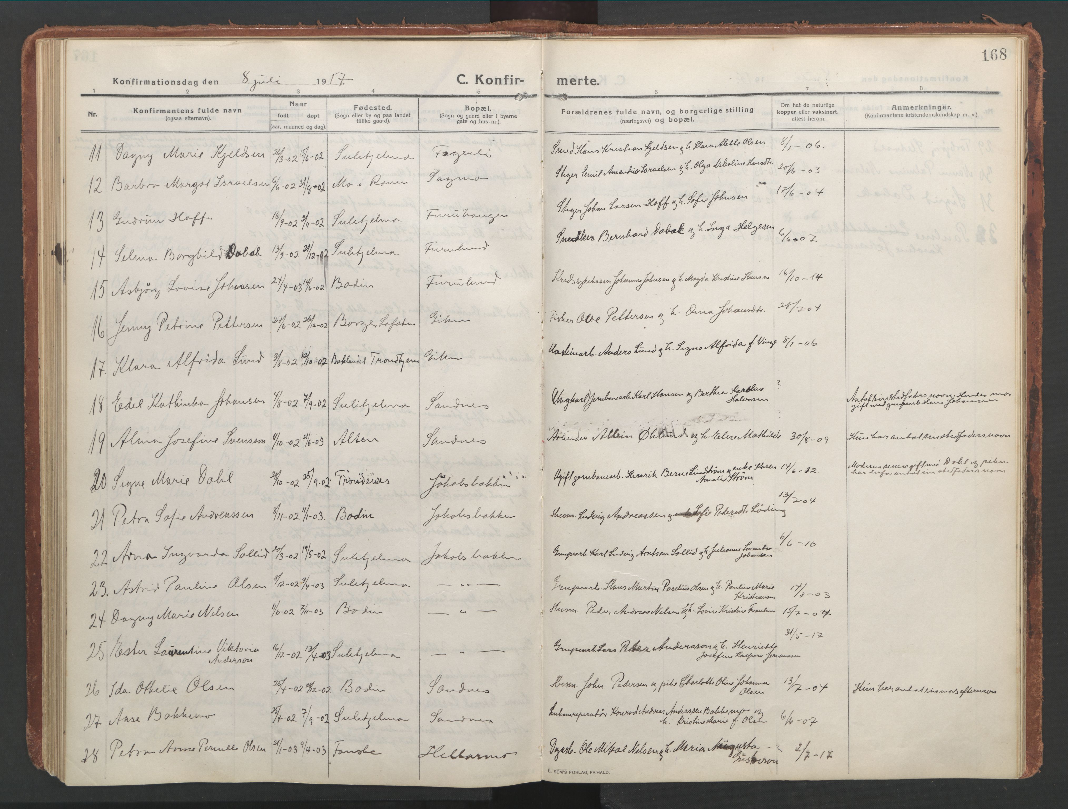 Ministerialprotokoller, klokkerbøker og fødselsregistre - Nordland, AV/SAT-A-1459/850/L0715: Curate's parish register no. 850B05, 1913-1924, p. 168