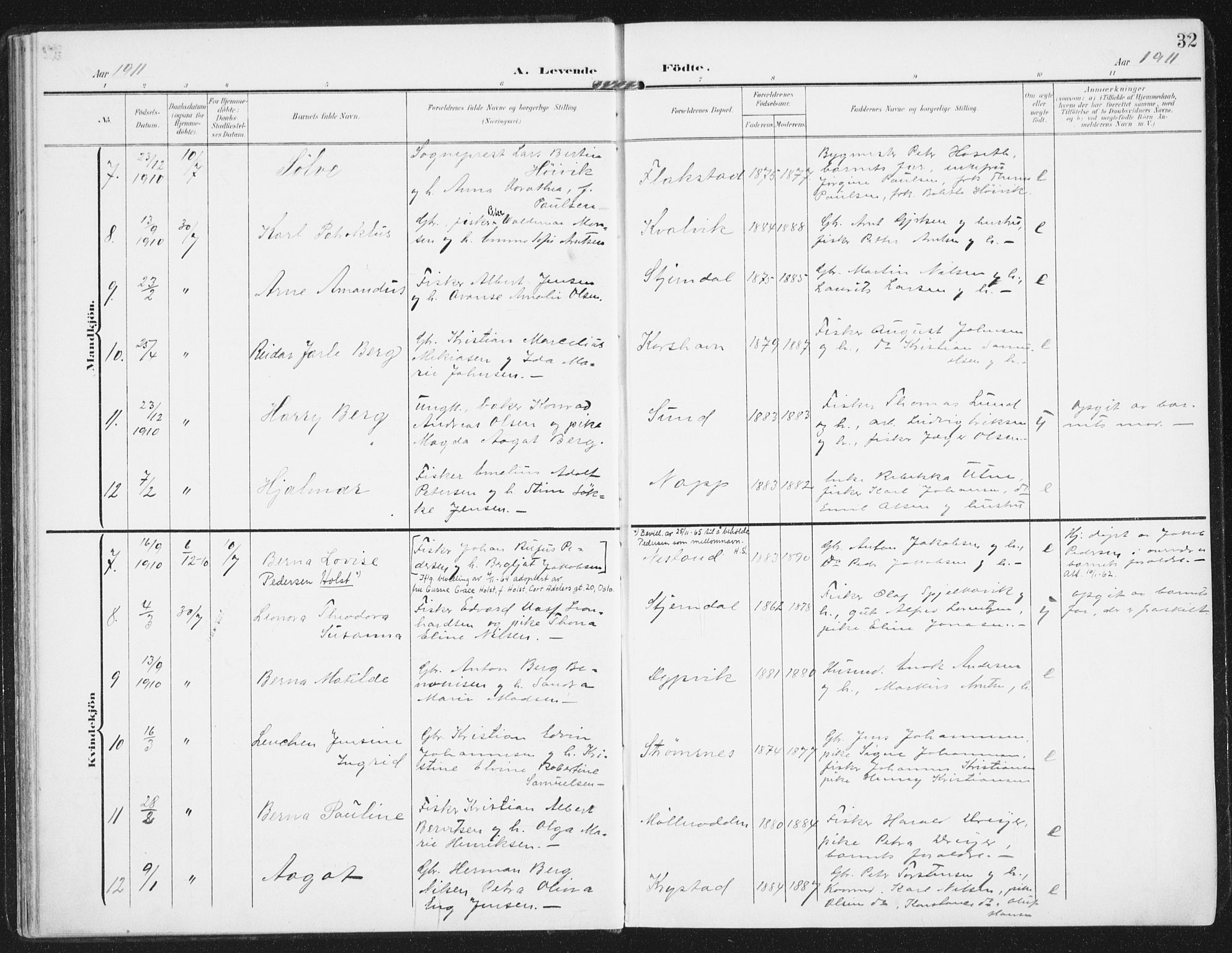 Ministerialprotokoller, klokkerbøker og fødselsregistre - Nordland, SAT/A-1459/885/L1206: Parish register (official) no. 885A07, 1905-1915, p. 32