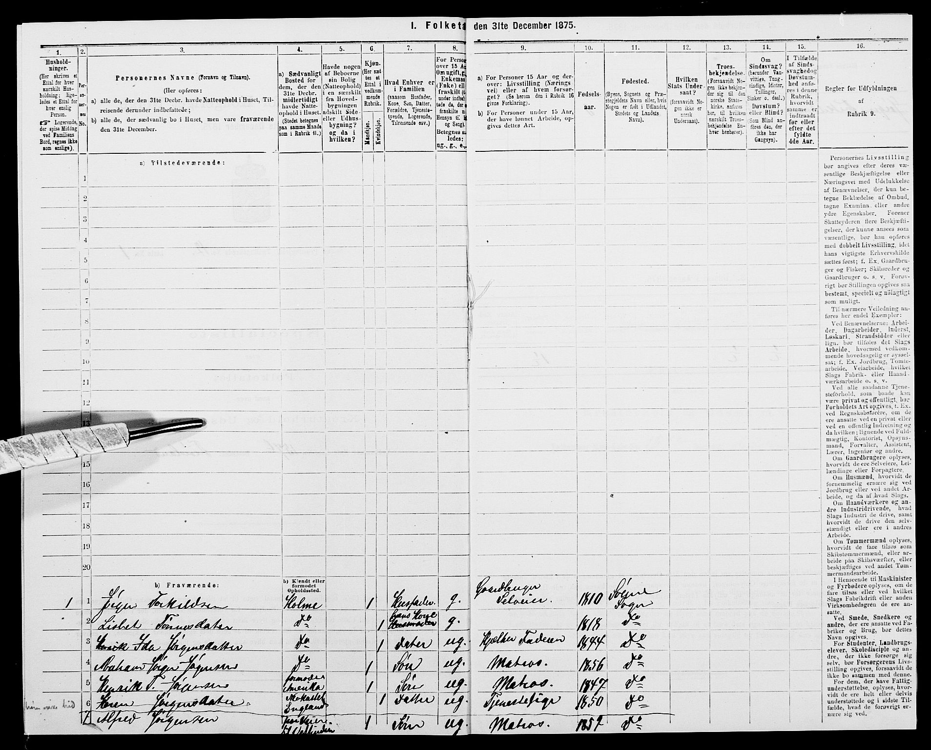 SAK, 1875 census for 1018P Søgne, 1875, p. 858