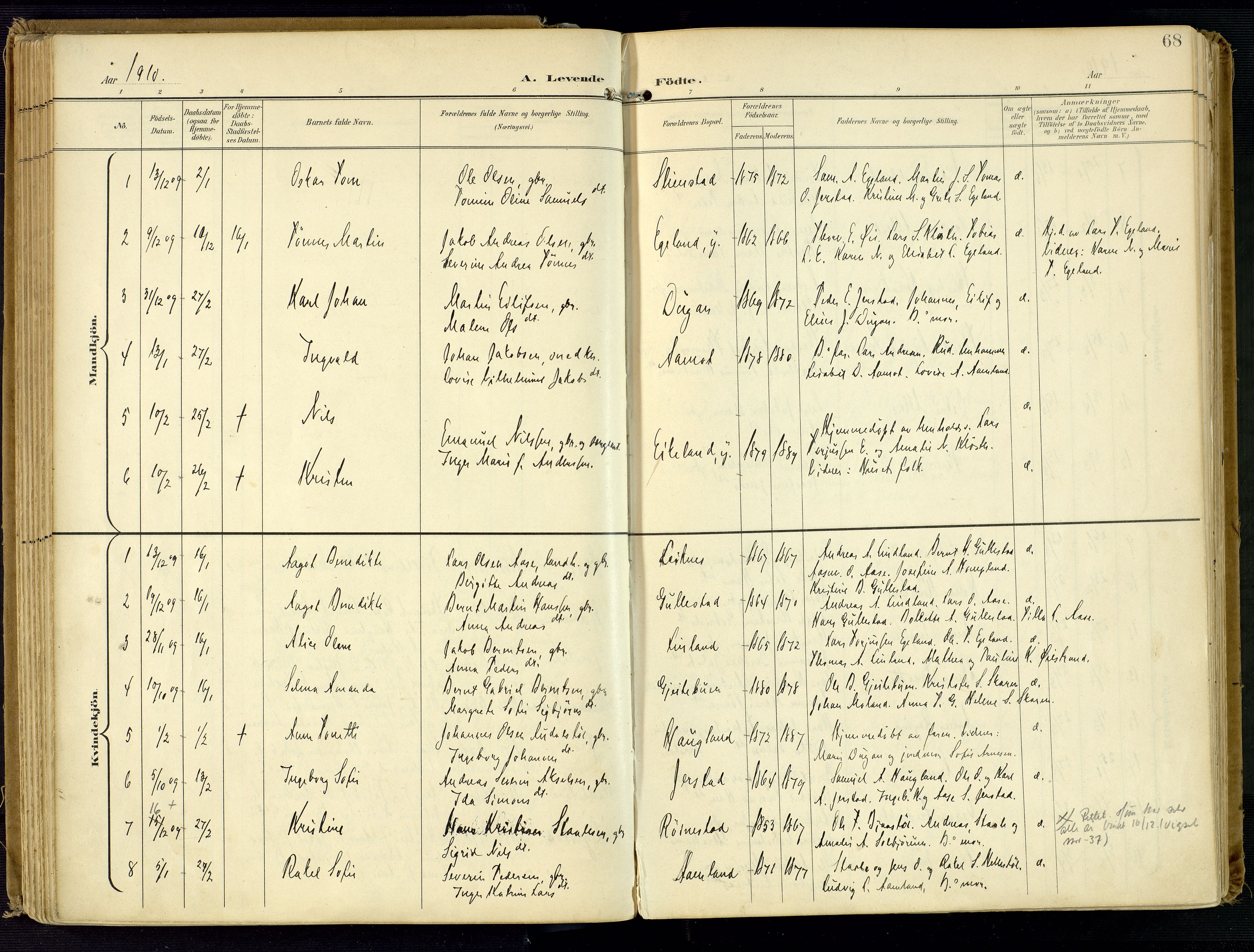 Kvinesdal sokneprestkontor, AV/SAK-1111-0026/F/Fa/Fab/L0009: Parish register (official) no. A 9, 1898-1915, p. 68