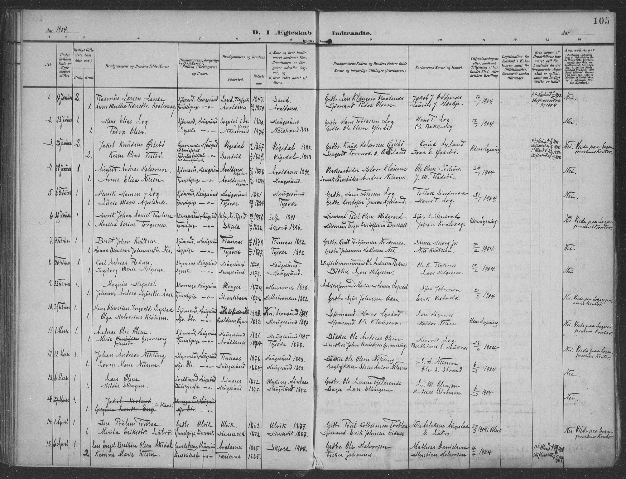 Haugesund sokneprestkontor, AV/SAST-A -101863/H/Ha/Haa/L0007: Parish register (official) no. A 7, 1904-1916, p. 105