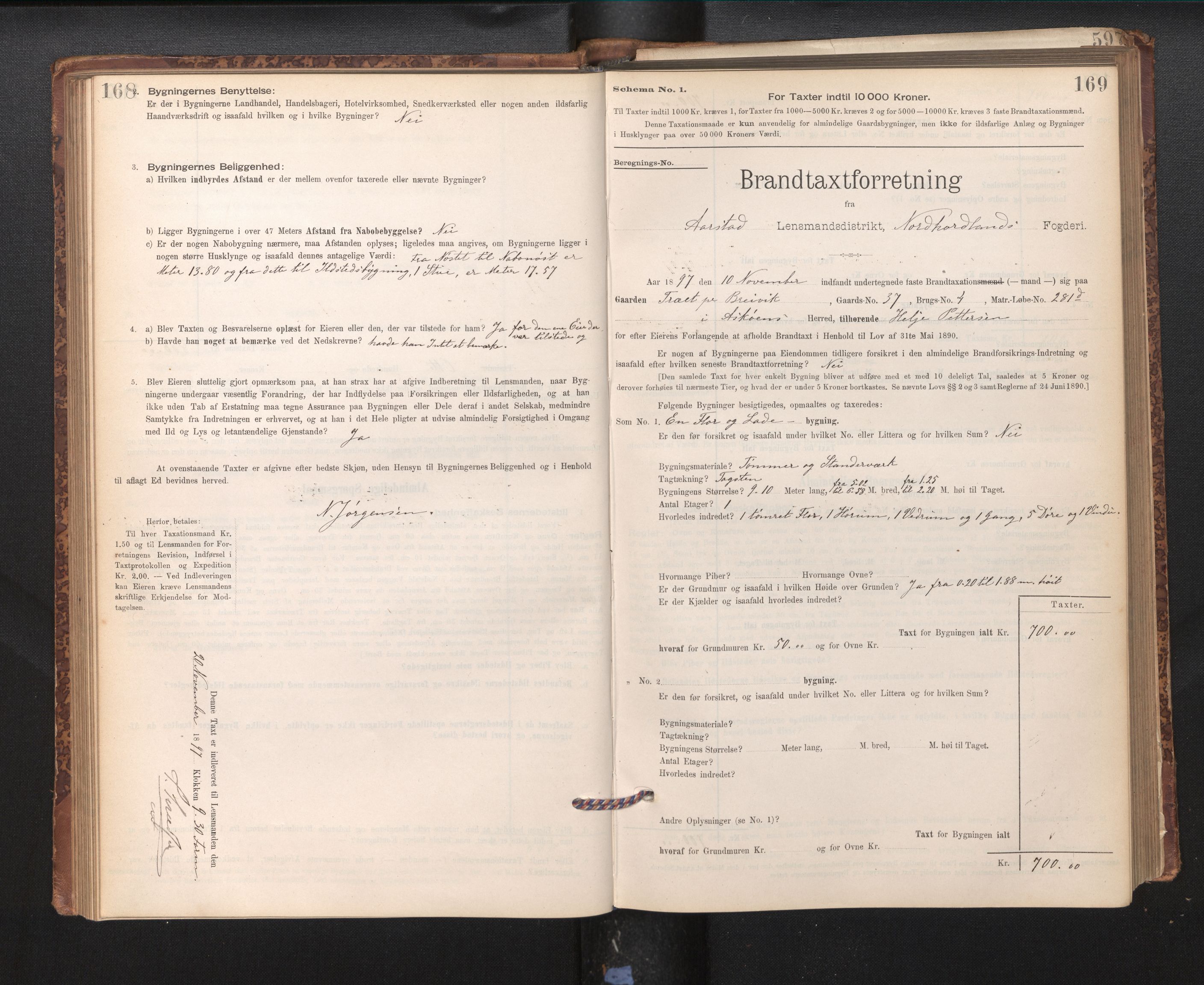 Lensmannen i Årstad, AV/SAB-A-36201/0012/L0011: Branntakstprotokoll,skjematakst, 1895-1901, p. 168-169