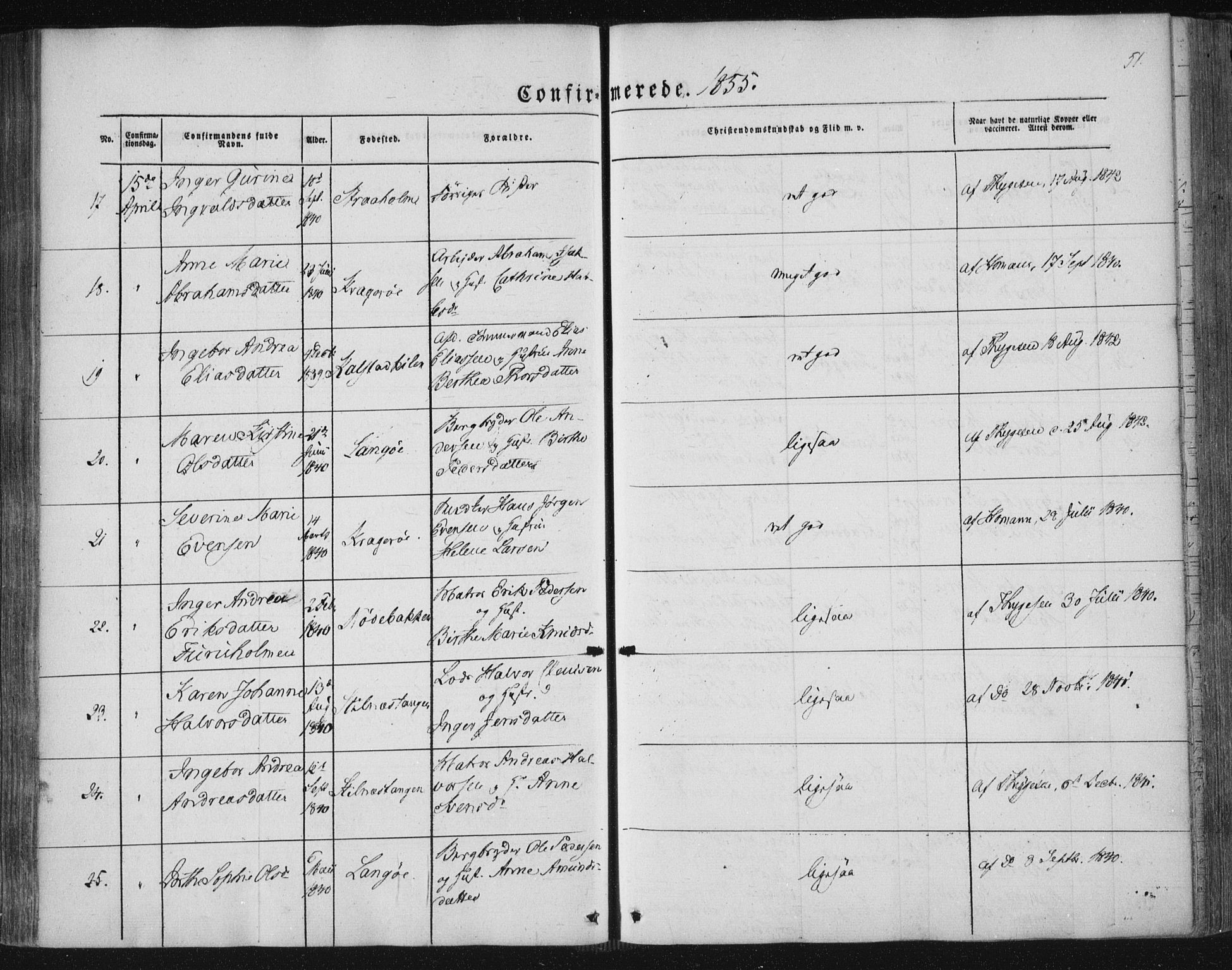 Kragerø kirkebøker, AV/SAKO-A-278/F/Fa/L0006: Parish register (official) no. 6, 1847-1861, p. 51