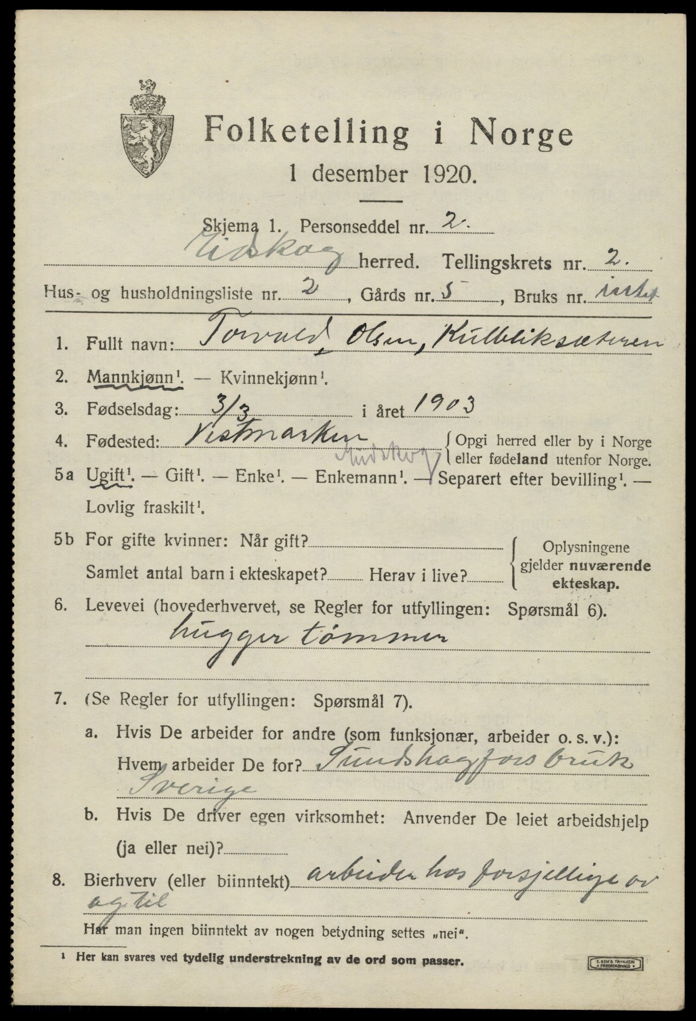 SAH, 1920 census for Eidskog, 1920, p. 3019