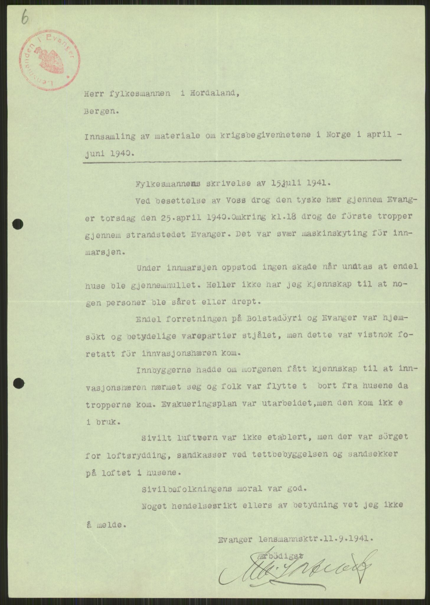 Forsvaret, Forsvarets krigshistoriske avdeling, AV/RA-RAFA-2017/Y/Ya/L0015: II-C-11-31 - Fylkesmenn.  Rapporter om krigsbegivenhetene 1940., 1940, p. 292