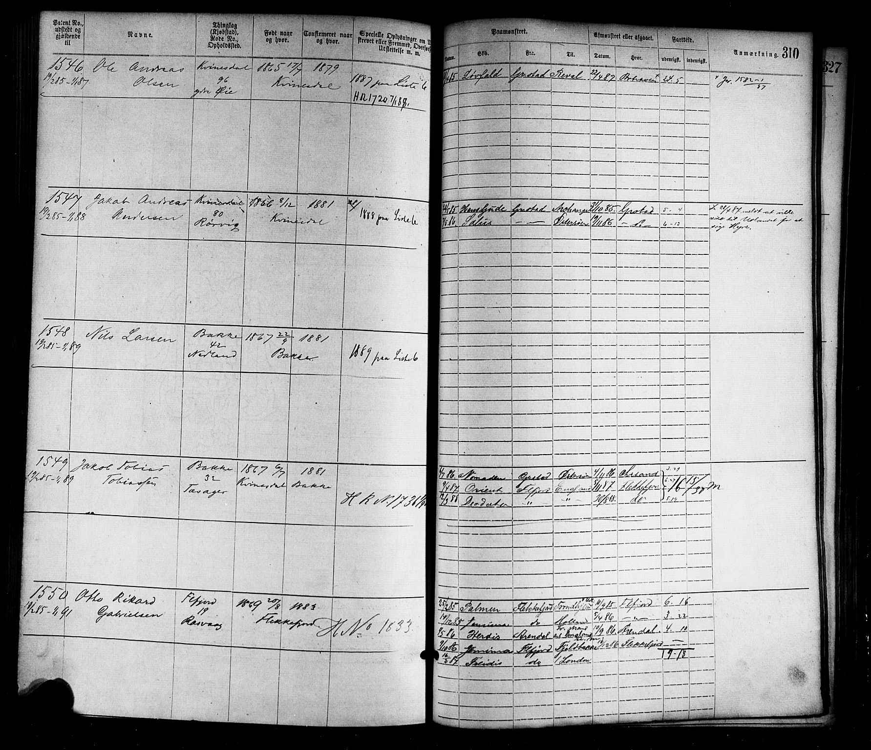 Flekkefjord mønstringskrets, AV/SAK-2031-0018/F/Fa/L0002: Annotasjonsrulle nr 1-1920 med register, N-2, 1870-1891, p. 340