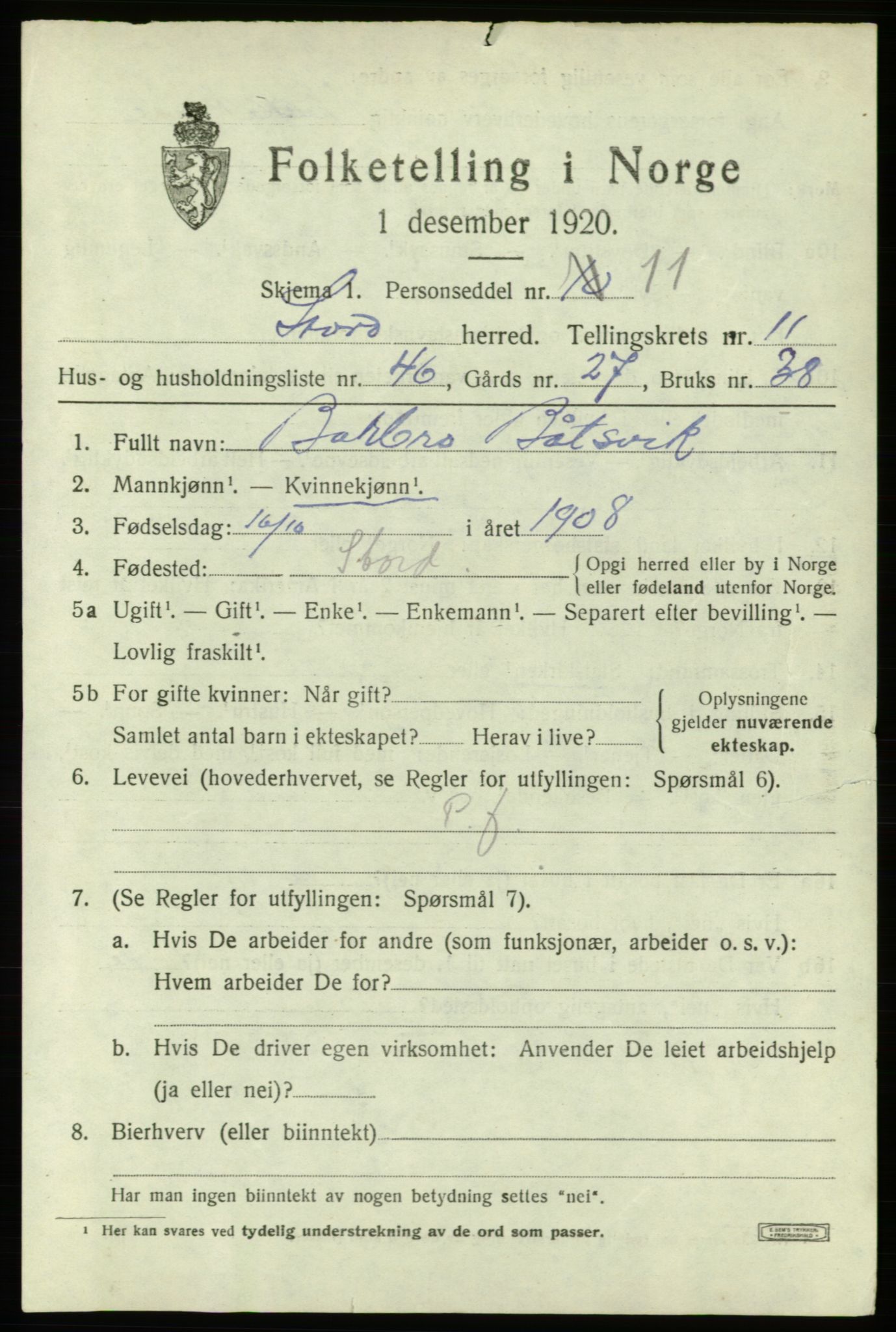 SAB, 1920 census for Stord, 1920, p. 6995