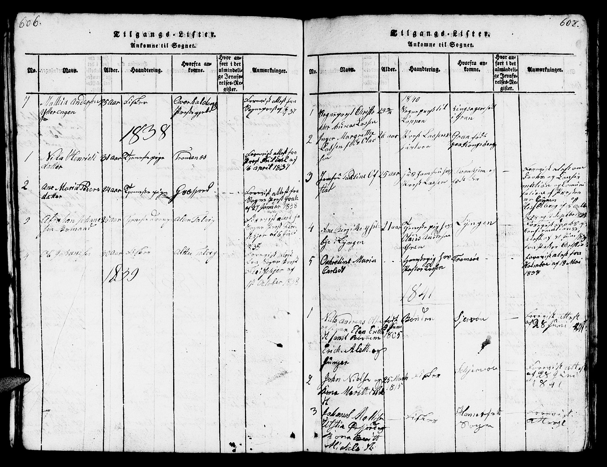 Loppa sokneprestkontor, AV/SATØ-S-1339/H/Hb/L0001klokker: Parish register (copy) no. 1, 1820-1849, p. 606-607