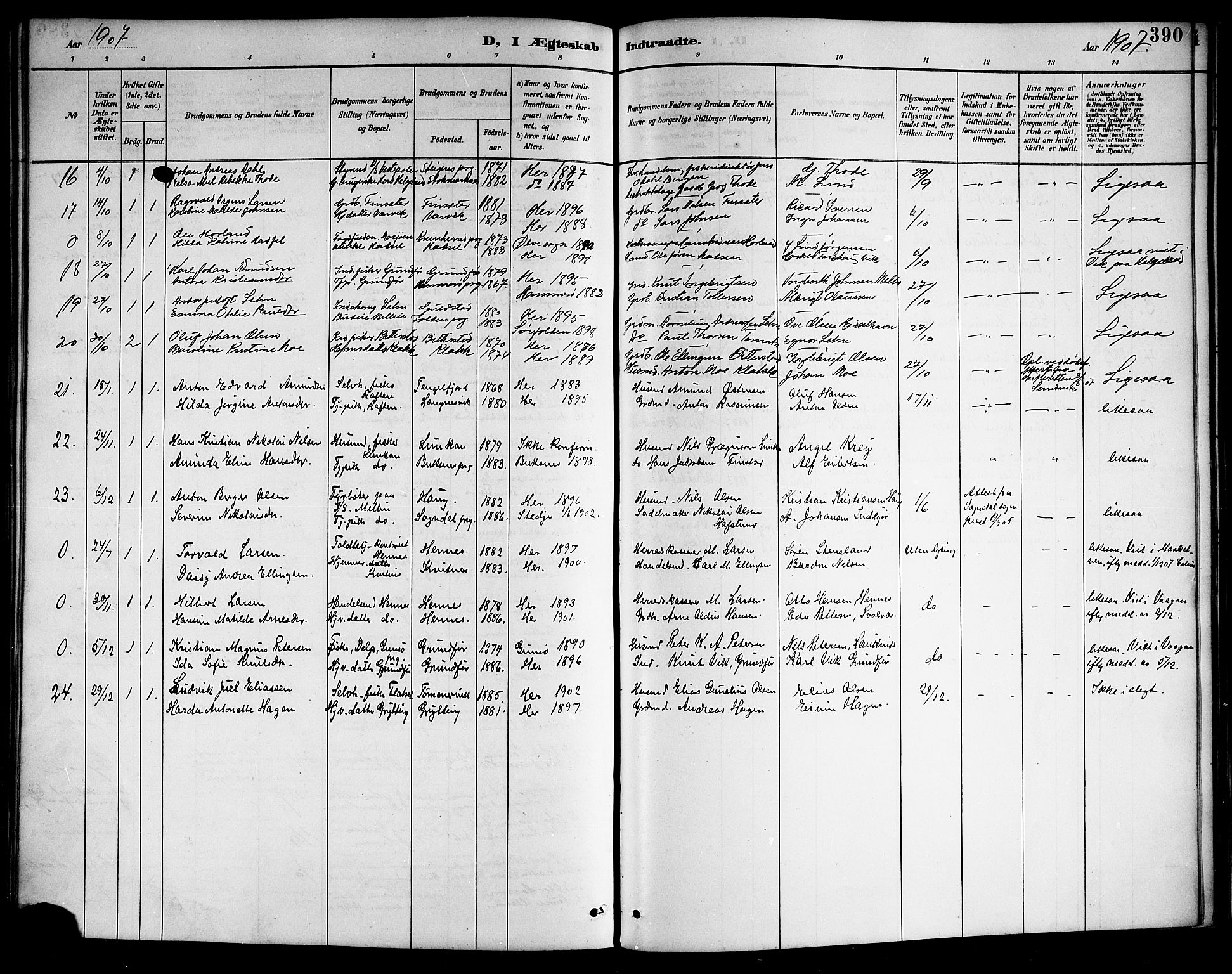 Ministerialprotokoller, klokkerbøker og fødselsregistre - Nordland, SAT/A-1459/888/L1268: Parish register (copy) no. 888C06, 1891-1908, p. 390
