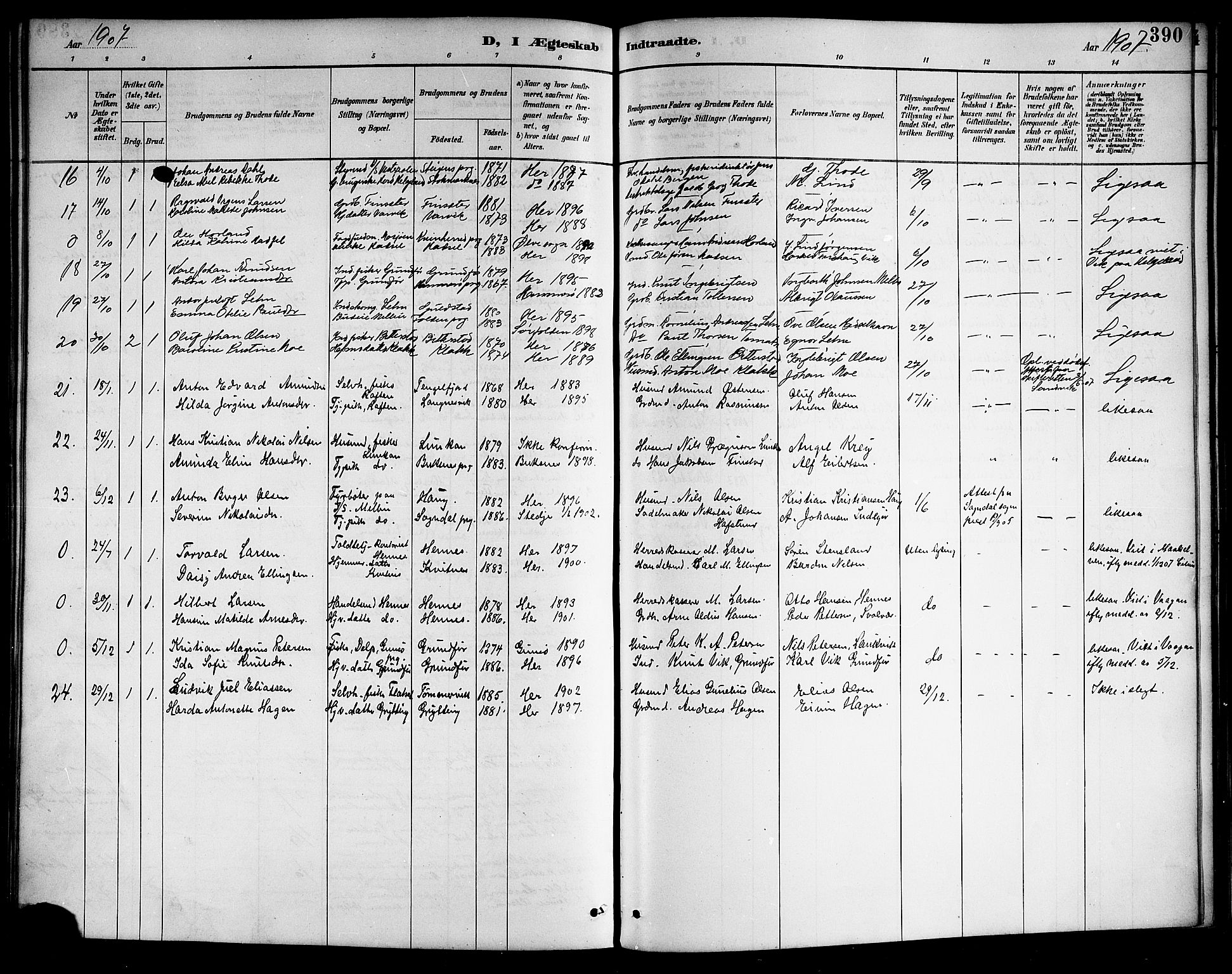 Ministerialprotokoller, klokkerbøker og fødselsregistre - Nordland, AV/SAT-A-1459/888/L1268: Parish register (copy) no. 888C06, 1891-1908, p. 390