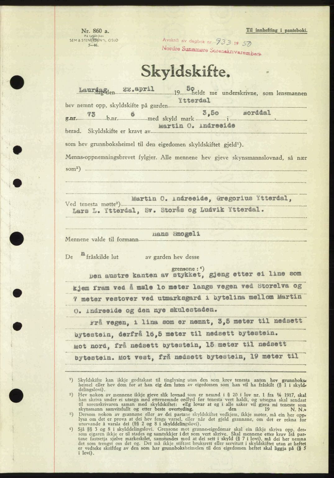 Nordre Sunnmøre sorenskriveri, AV/SAT-A-0006/1/2/2C/2Ca: Mortgage book no. A34, 1950-1950, Diary no: : 933/1950