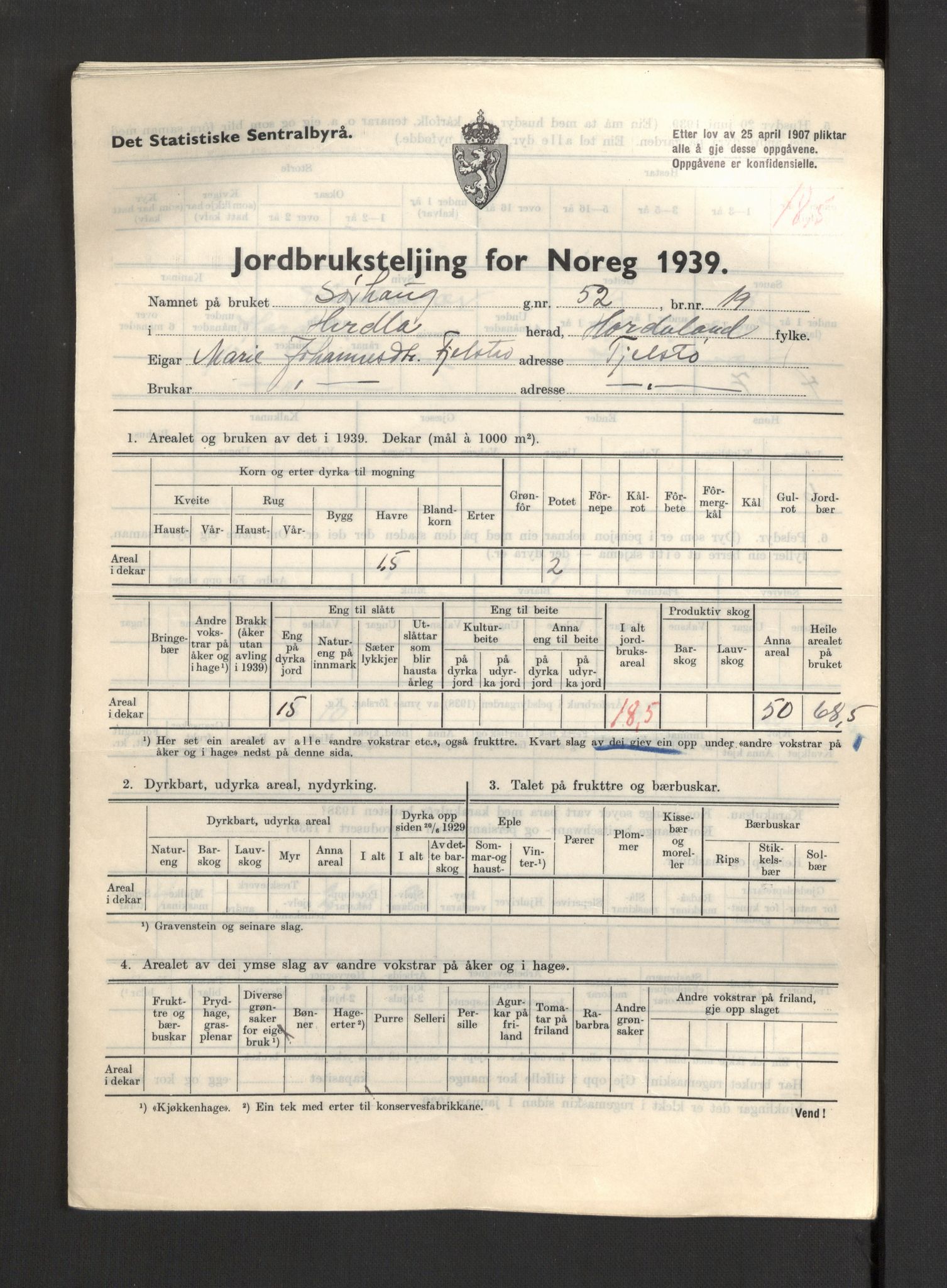 Statistisk sentralbyrå, Næringsøkonomiske emner, Jordbruk, skogbruk, jakt, fiske og fangst, AV/RA-S-2234/G/Gb/L0211: Hordaland: Herdla, Hjelme og Manger, 1939, p. 383