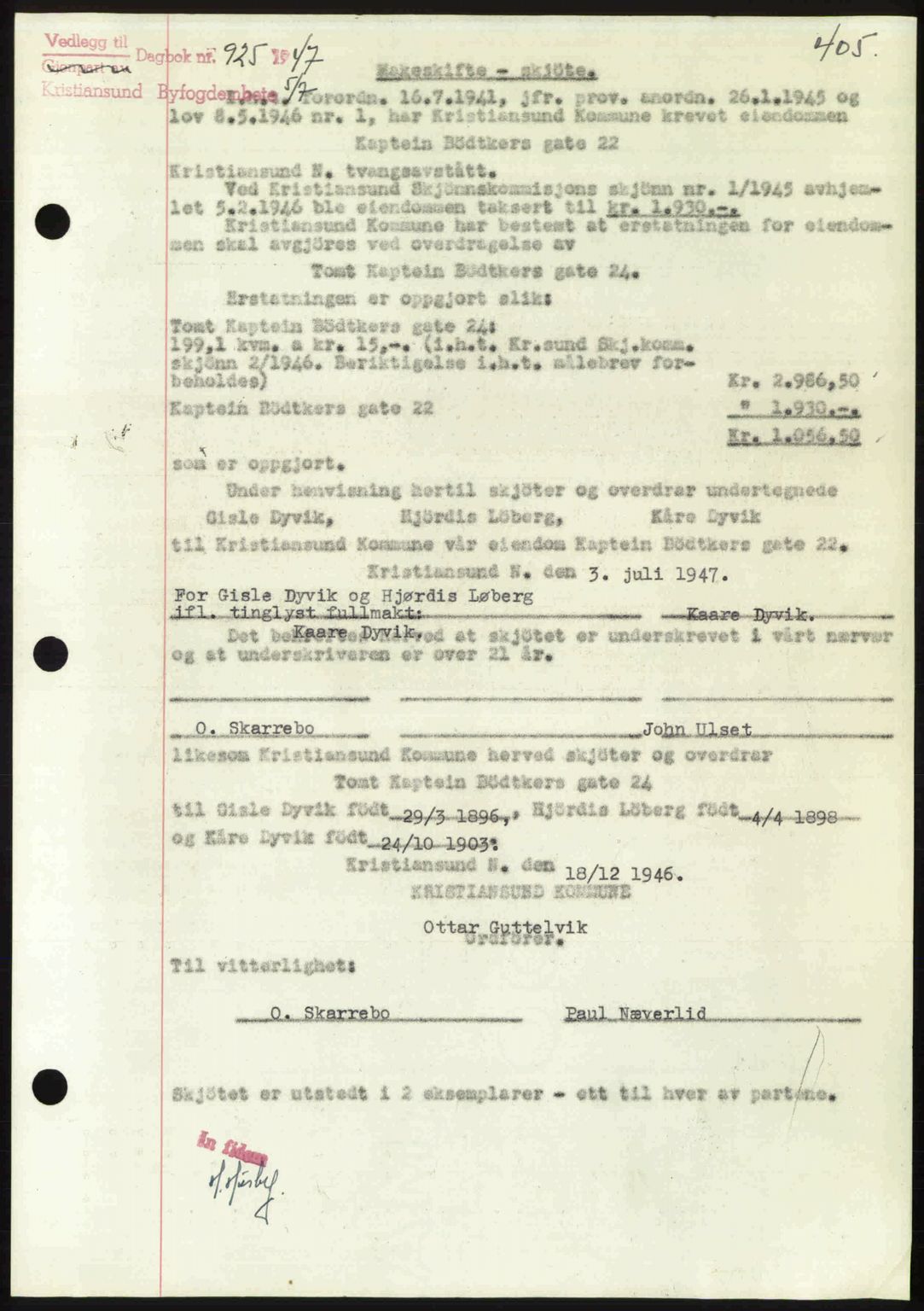 Kristiansund byfogd, AV/SAT-A-4587/A/27: Mortgage book no. 39b, 1946-1947, Diary no: : 925/1947