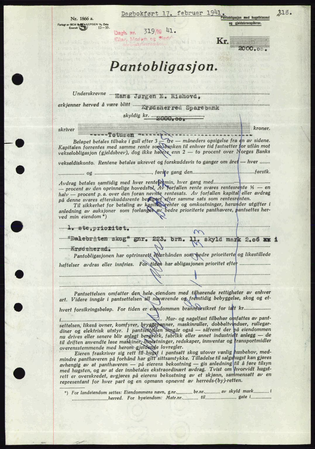 Eiker, Modum og Sigdal sorenskriveri, SAKO/A-123/G/Ga/Gab/L0043: Mortgage book no. A13, 1940-1941, Diary no: : 319/1941