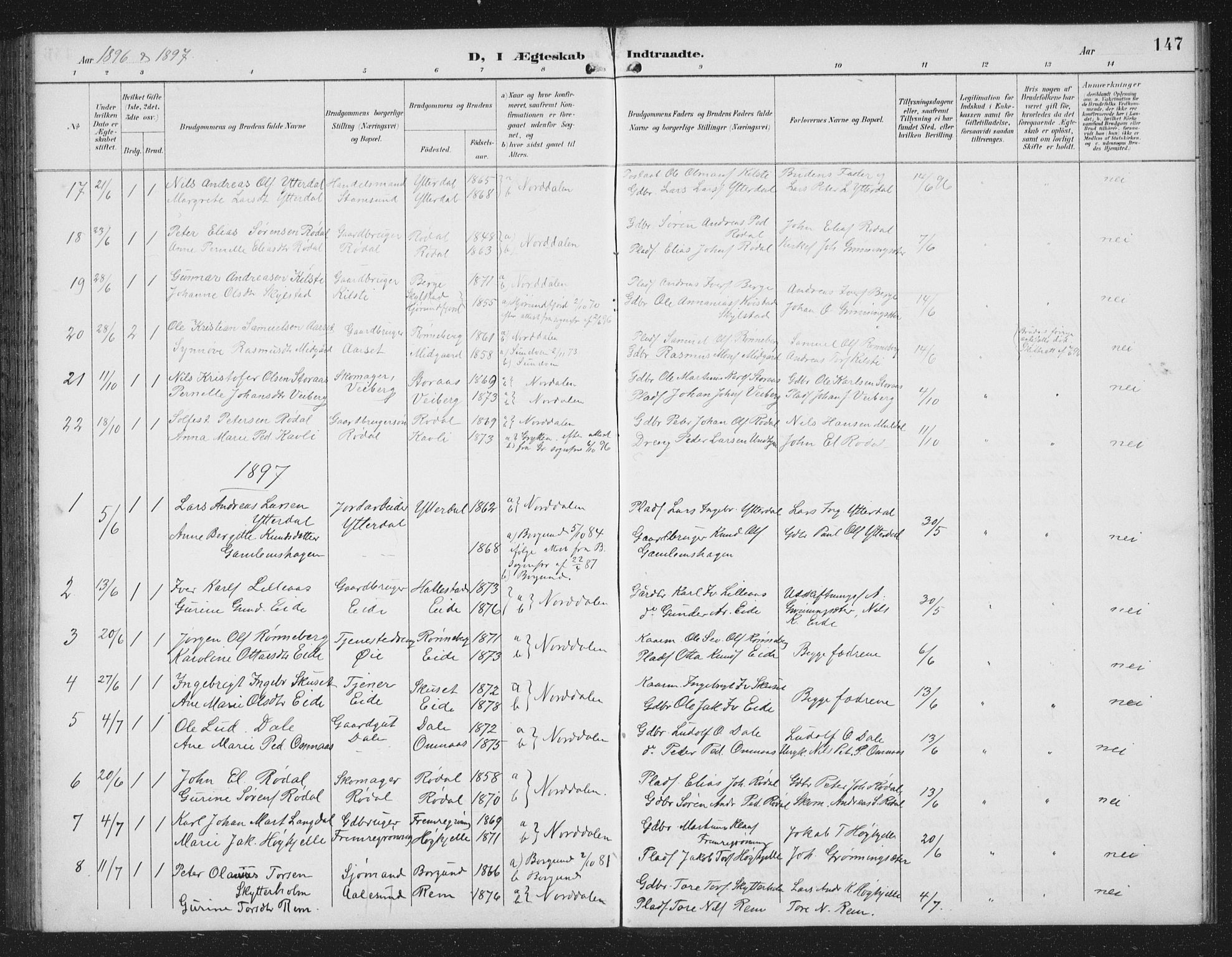 Ministerialprotokoller, klokkerbøker og fødselsregistre - Møre og Romsdal, SAT/A-1454/519/L0264: Parish register (copy) no. 519C05, 1892-1910, p. 147