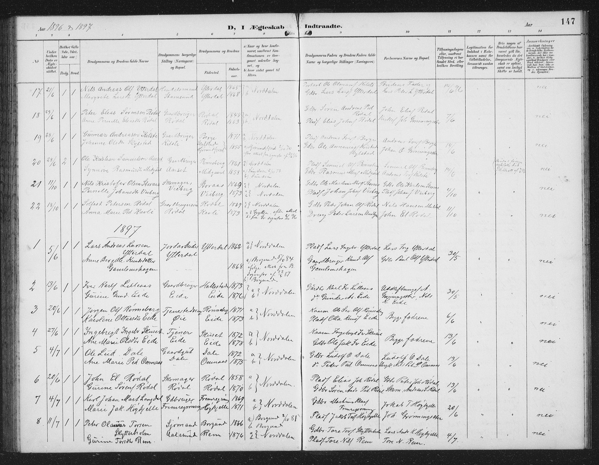 Ministerialprotokoller, klokkerbøker og fødselsregistre - Møre og Romsdal, AV/SAT-A-1454/519/L0264: Parish register (copy) no. 519C05, 1892-1910, p. 147