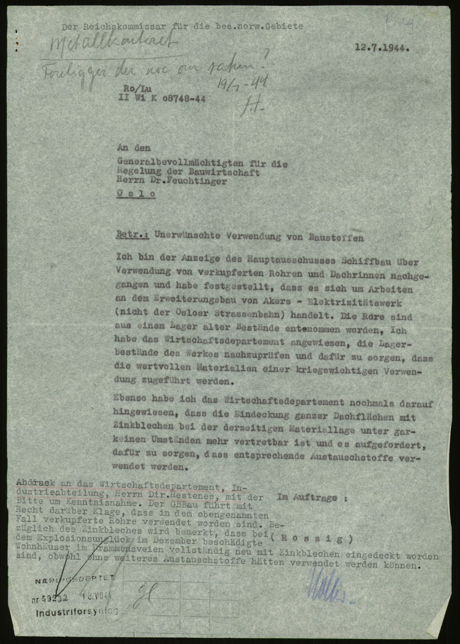 Direktoratet for industriforsyning, Sekretariatet, AV/RA-S-4153/D/Df/L0054: 9. Metallkontoret, 1940-1945, p. 377