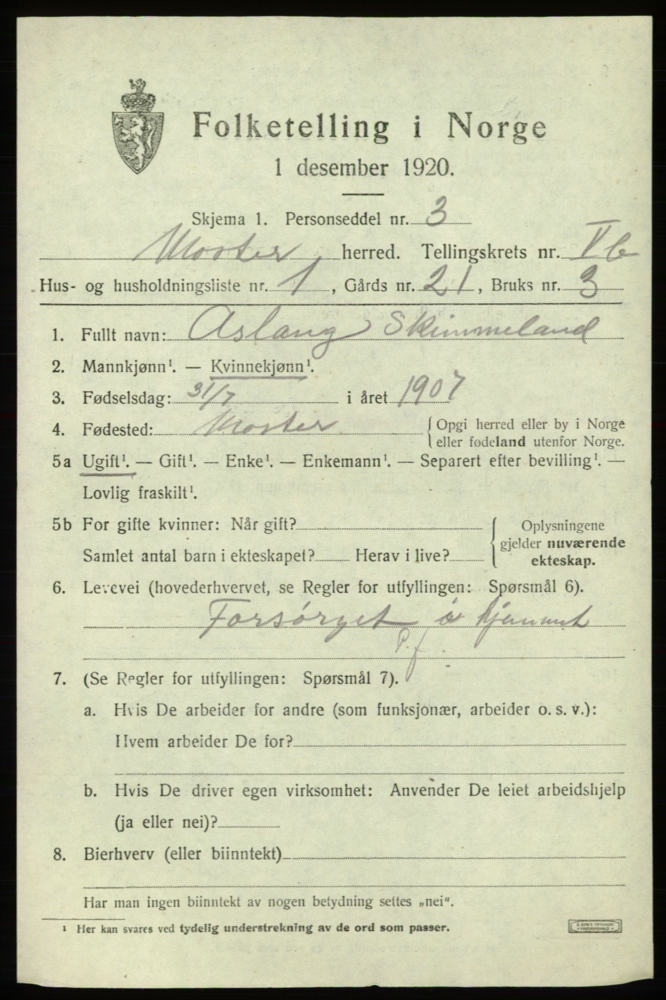 SAB, 1920 census for Moster, 1920, p. 1861