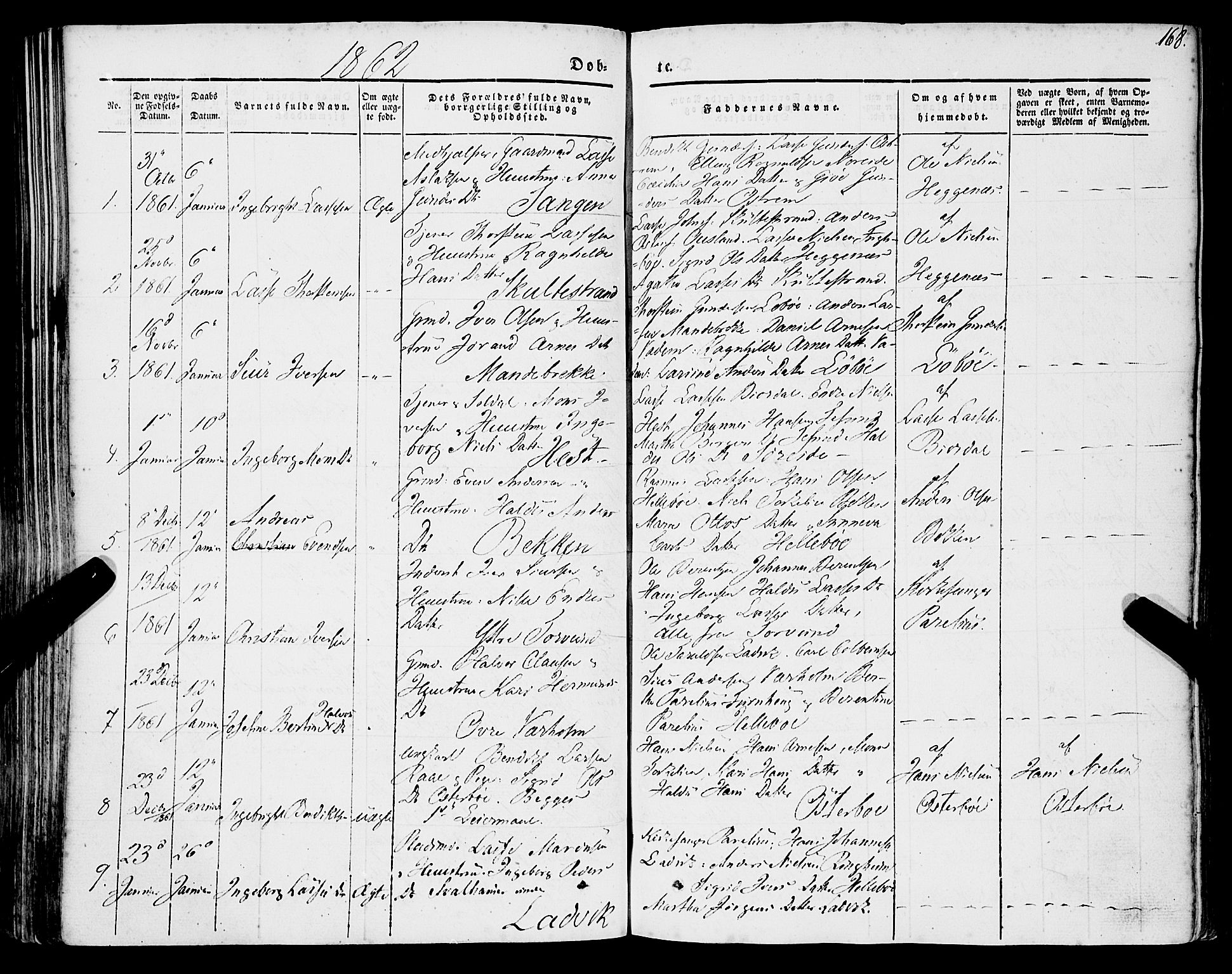 Lavik sokneprestembete, SAB/A-80901: Parish register (official) no. A 3, 1843-1863, p. 168
