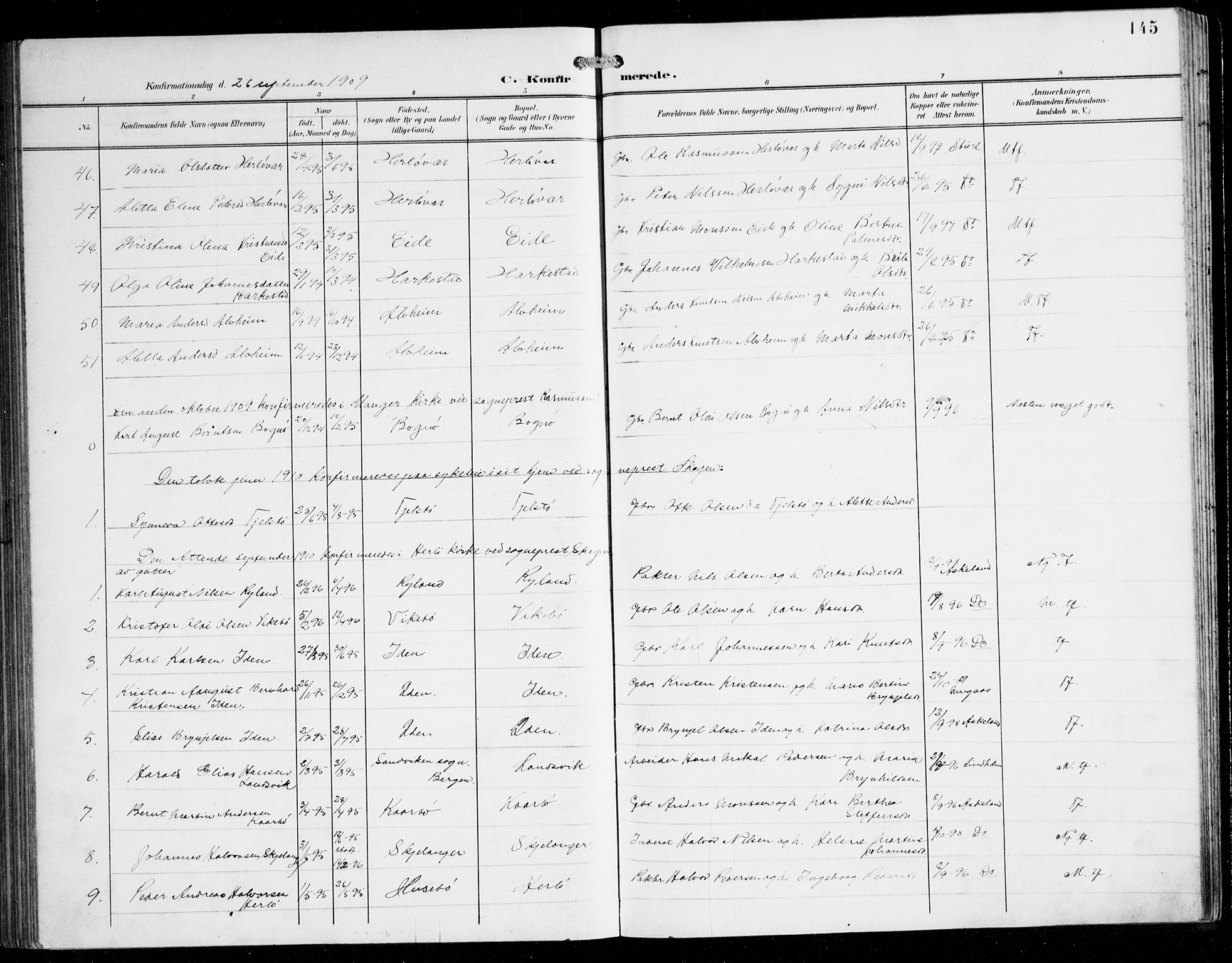 Herdla Sokneprestembete, SAB/A-75701/H/Hab: Parish register (copy) no. C 1, 1900-1913, p. 145