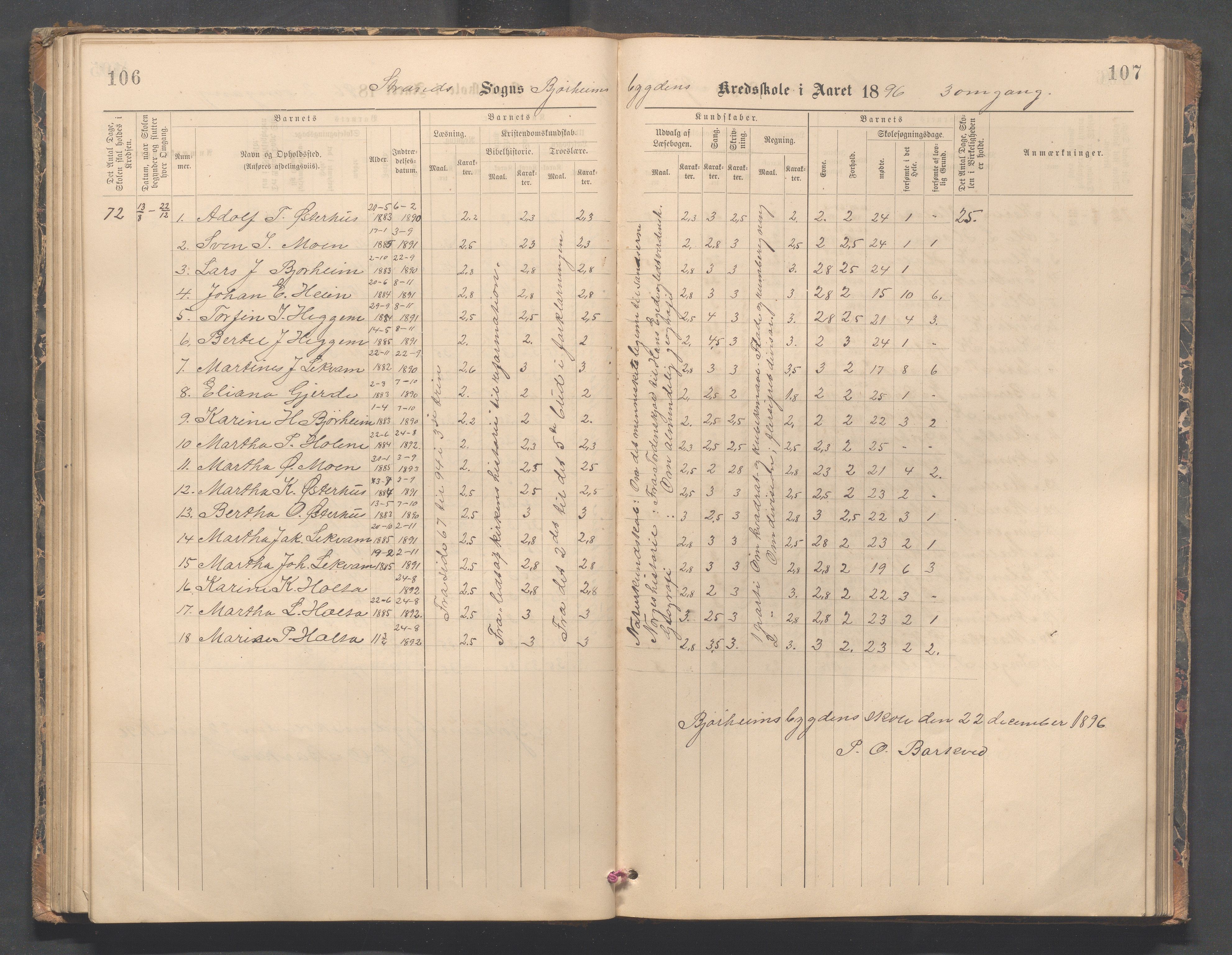 Strand kommune - Bjørheimsbygd skole, IKAR/A-147/H/L0002: Skoleprotokoll for Bjørheimsbygd og Lekvam krets, 1891-1907, p. 106-107