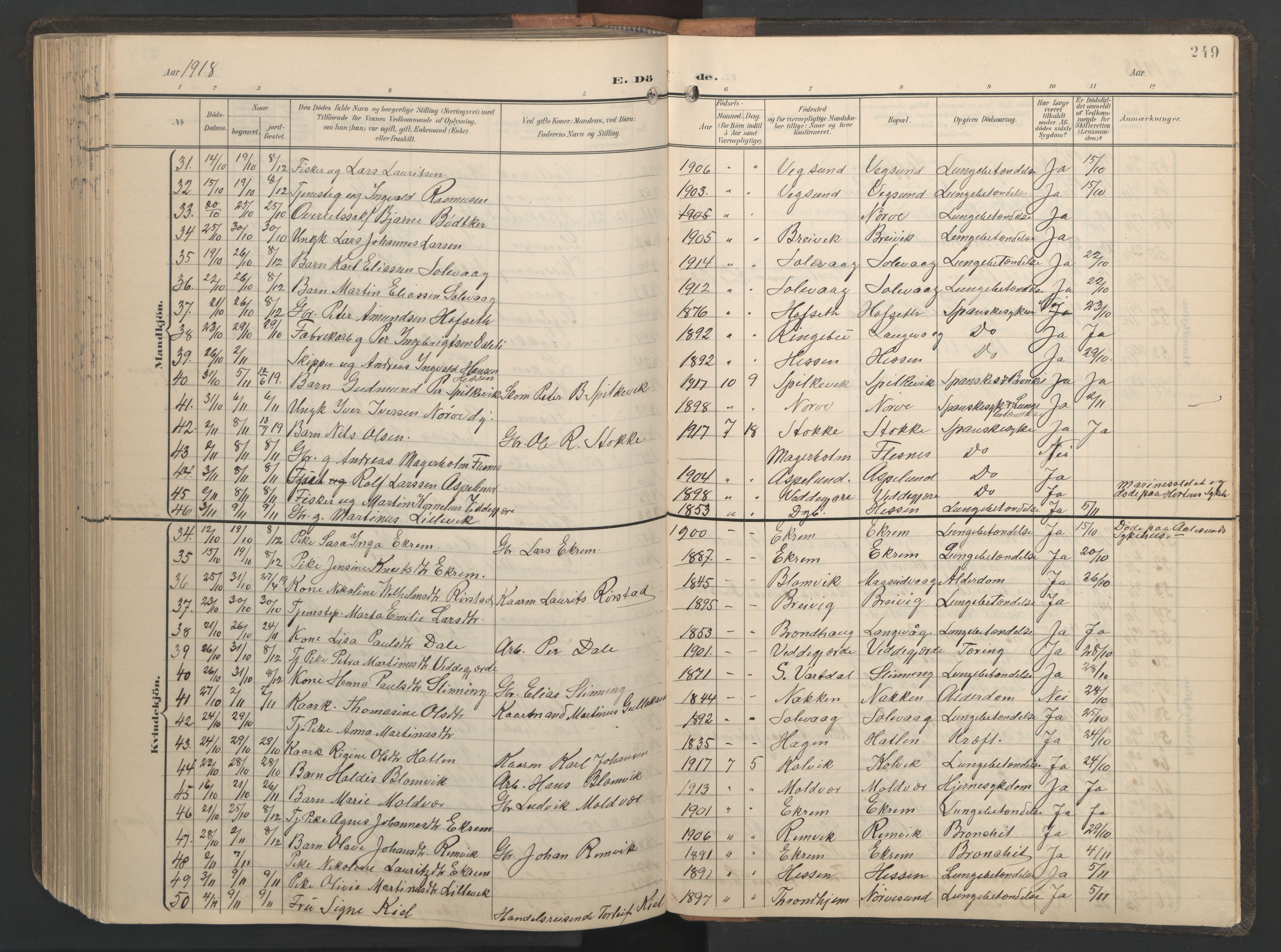 Ministerialprotokoller, klokkerbøker og fødselsregistre - Møre og Romsdal, AV/SAT-A-1454/528/L0433: Parish register (copy) no. 528C14, 1899-1922, p. 249