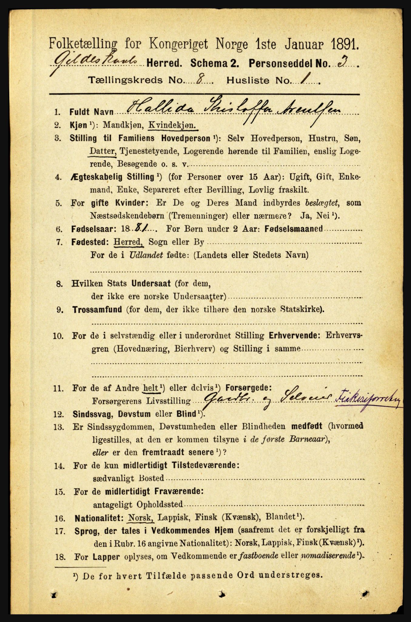 RA, 1891 census for 1838 Gildeskål, 1891, p. 2467