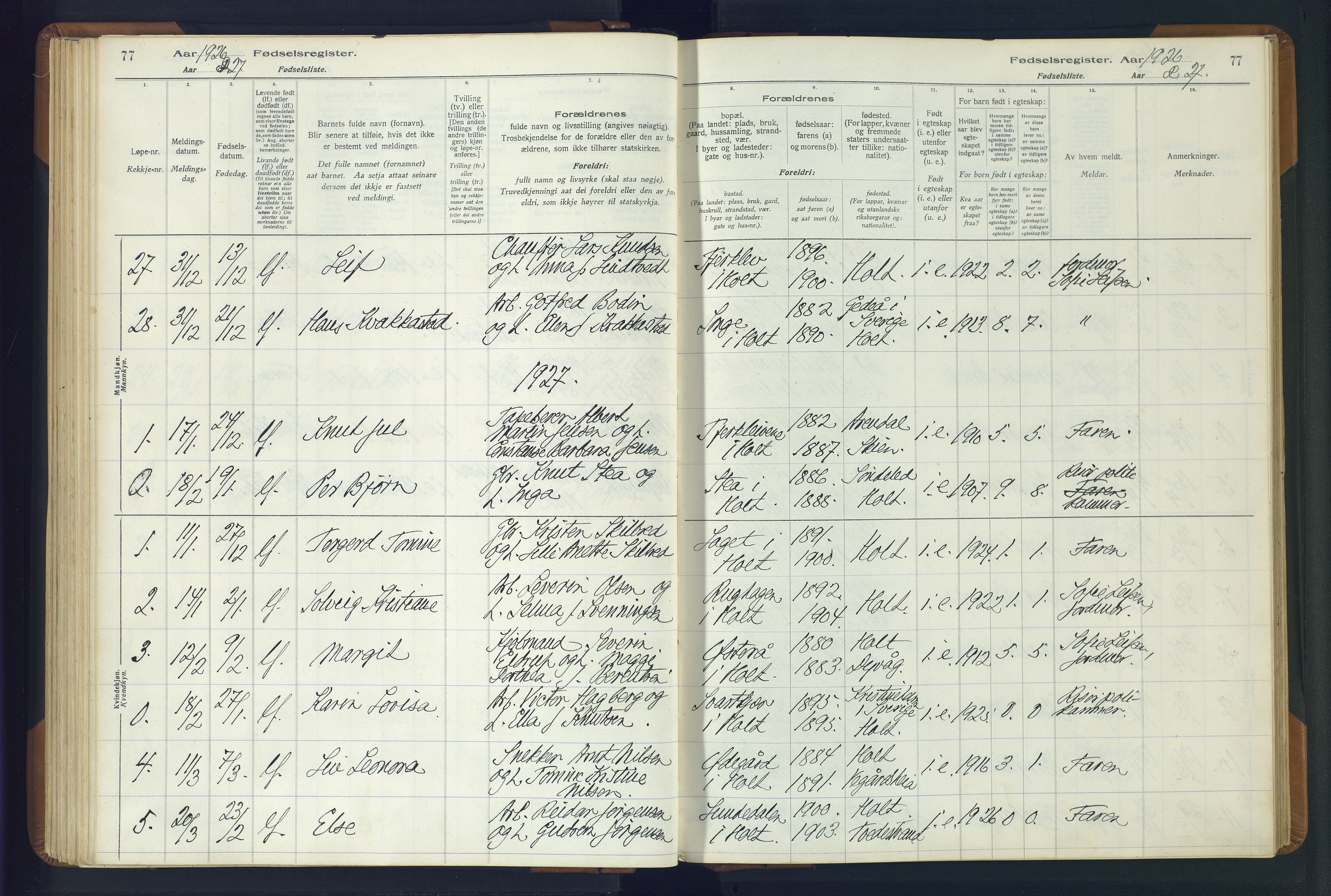 Holt sokneprestkontor, AV/SAK-1111-0021/J/Ja/L0001: Birth register no. II.4.1, 1916-1946, p. 77