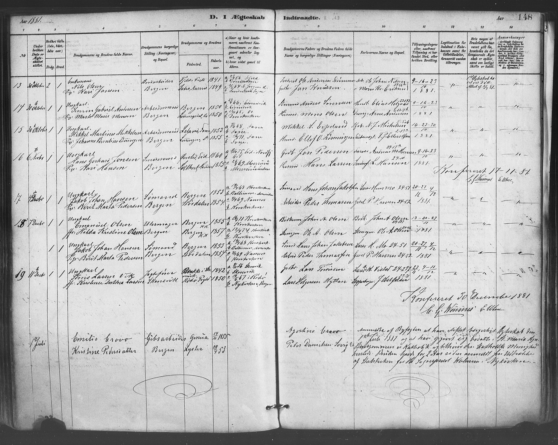 Mariakirken Sokneprestembete, AV/SAB-A-76901/H/Haa/L0007: Parish register (official) no. A 7, 1878-1893, p. 148