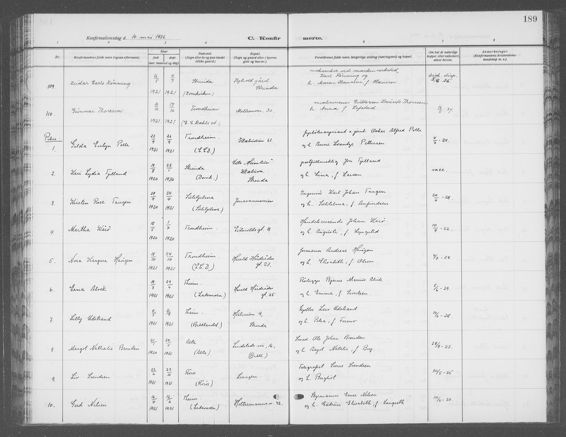 Ministerialprotokoller, klokkerbøker og fødselsregistre - Sør-Trøndelag, SAT/A-1456/601/L0099: Parish register (copy) no. 601C17, 1928-1941, p. 189