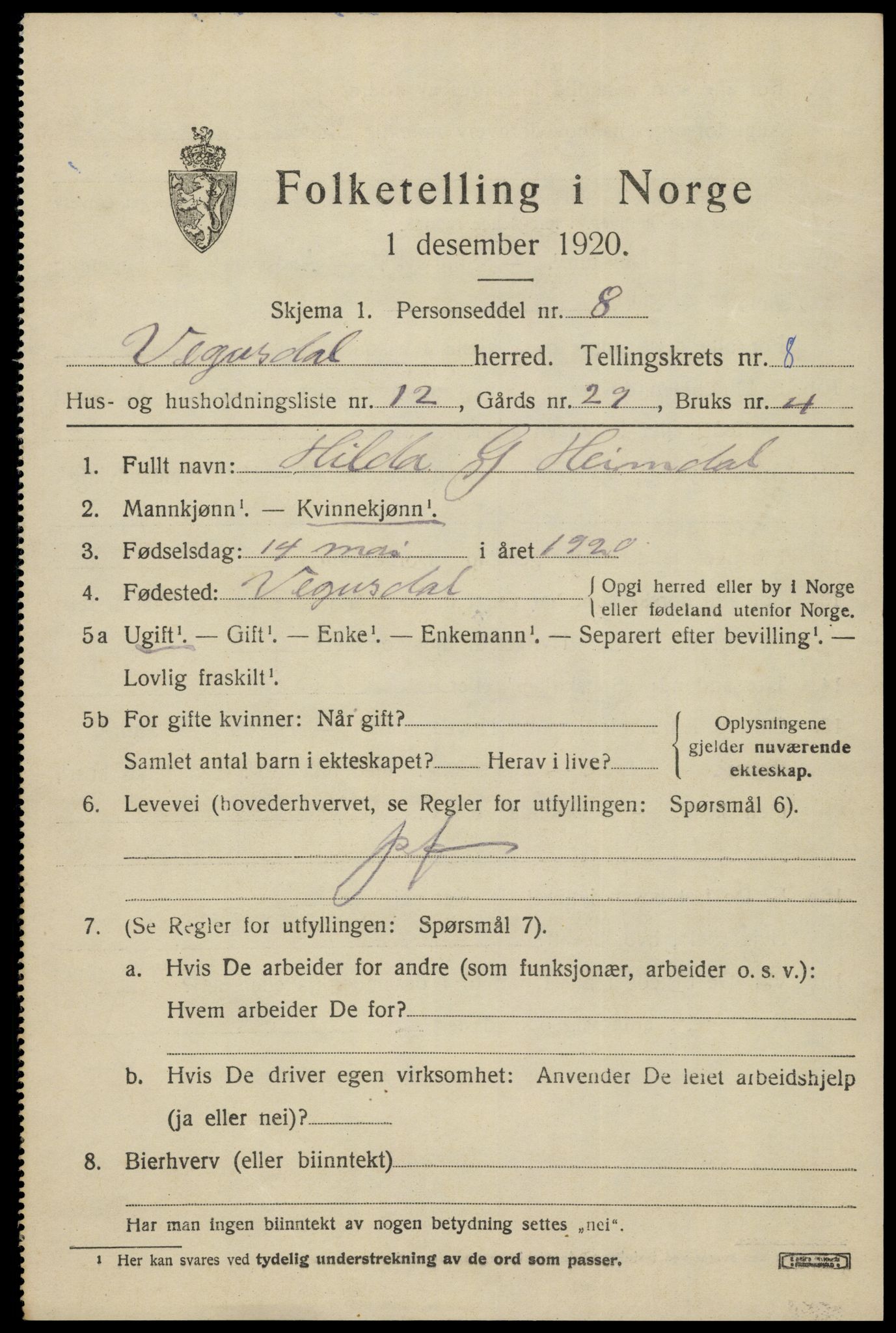 SAK, 1920 census for Vegusdal, 1920, p. 1935