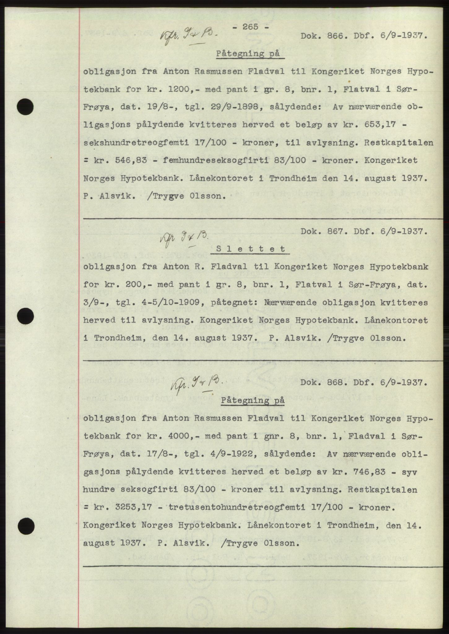 Hitra sorenskriveri, AV/SAT-A-0018/2/2C/2Ca: Mortgage book no. C1, 1936-1945, Diary no: : 866/1937