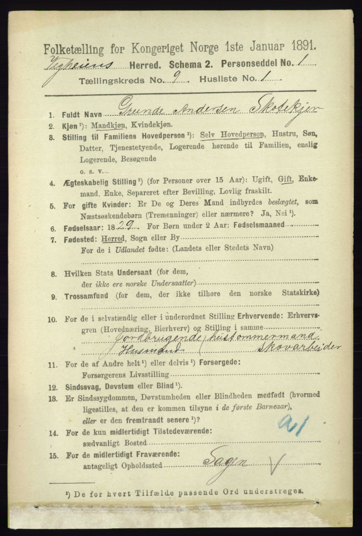 RA, 1891 census for 0912 Vegårshei, 1891, p. 1734