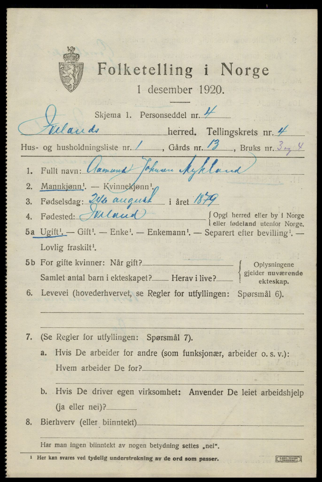 SAK, 1920 census for Iveland, 1920, p. 1313