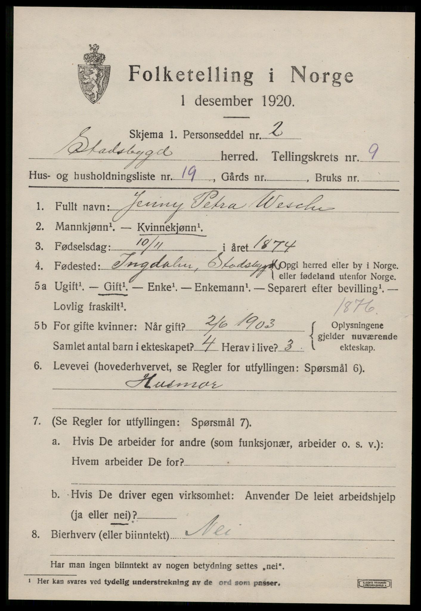 SAT, 1920 census for Stadsbygd, 1920, p. 4472