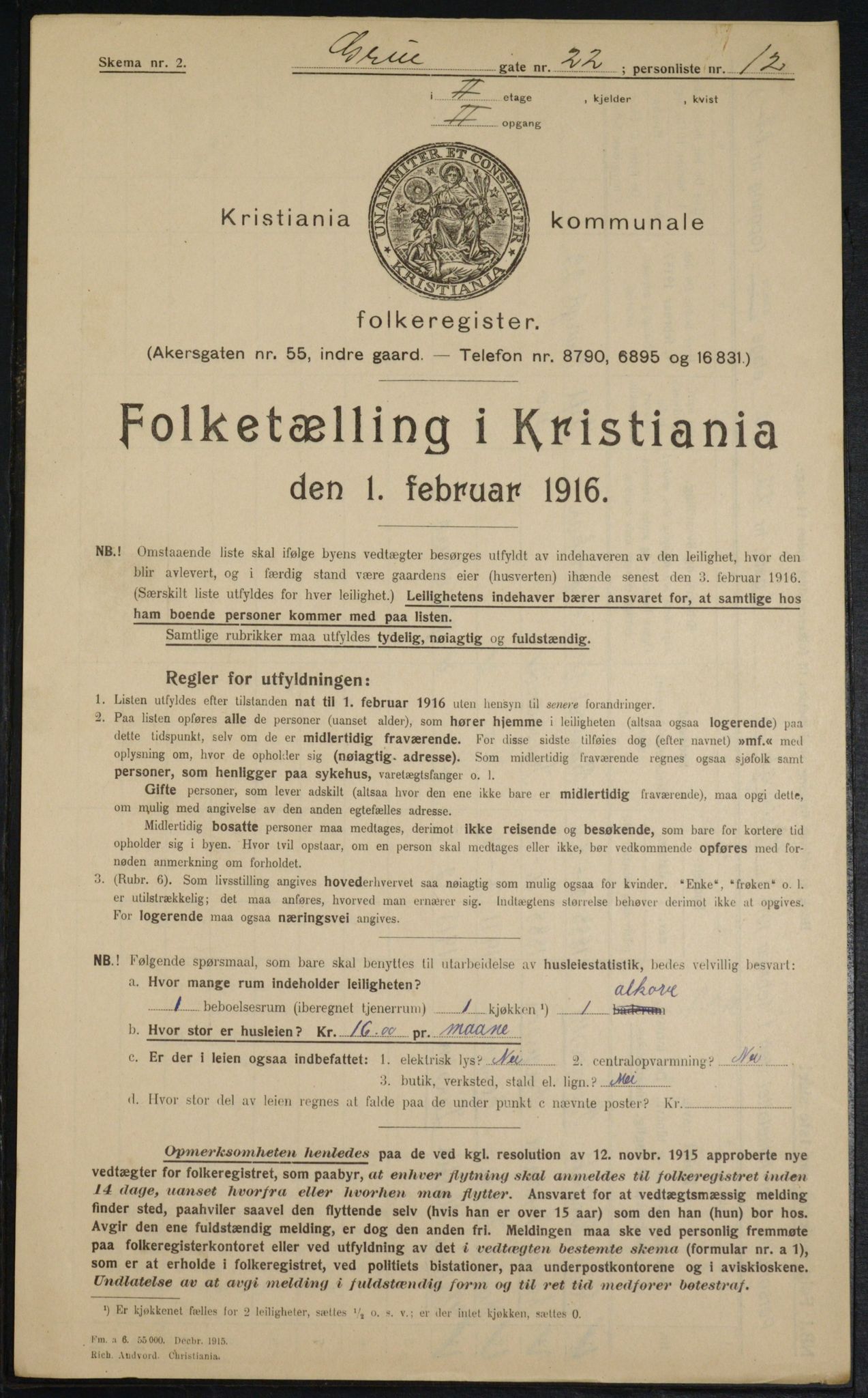 OBA, Municipal Census 1916 for Kristiania, 1916, p. 31168
