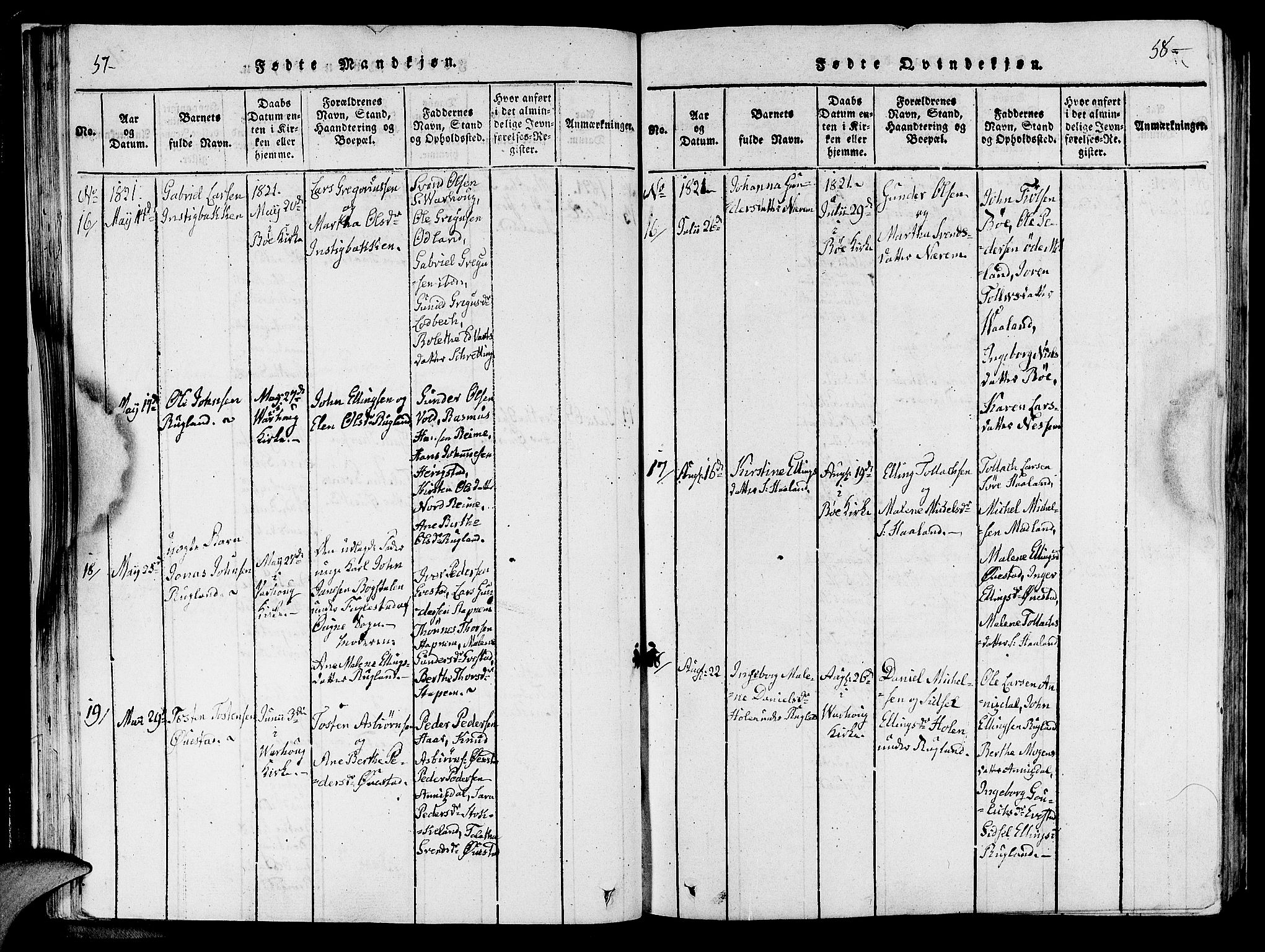 Hå sokneprestkontor, AV/SAST-A-101801/001/30BA/L0003: Parish register (official) no. A 3, 1815-1825, p. 57-58