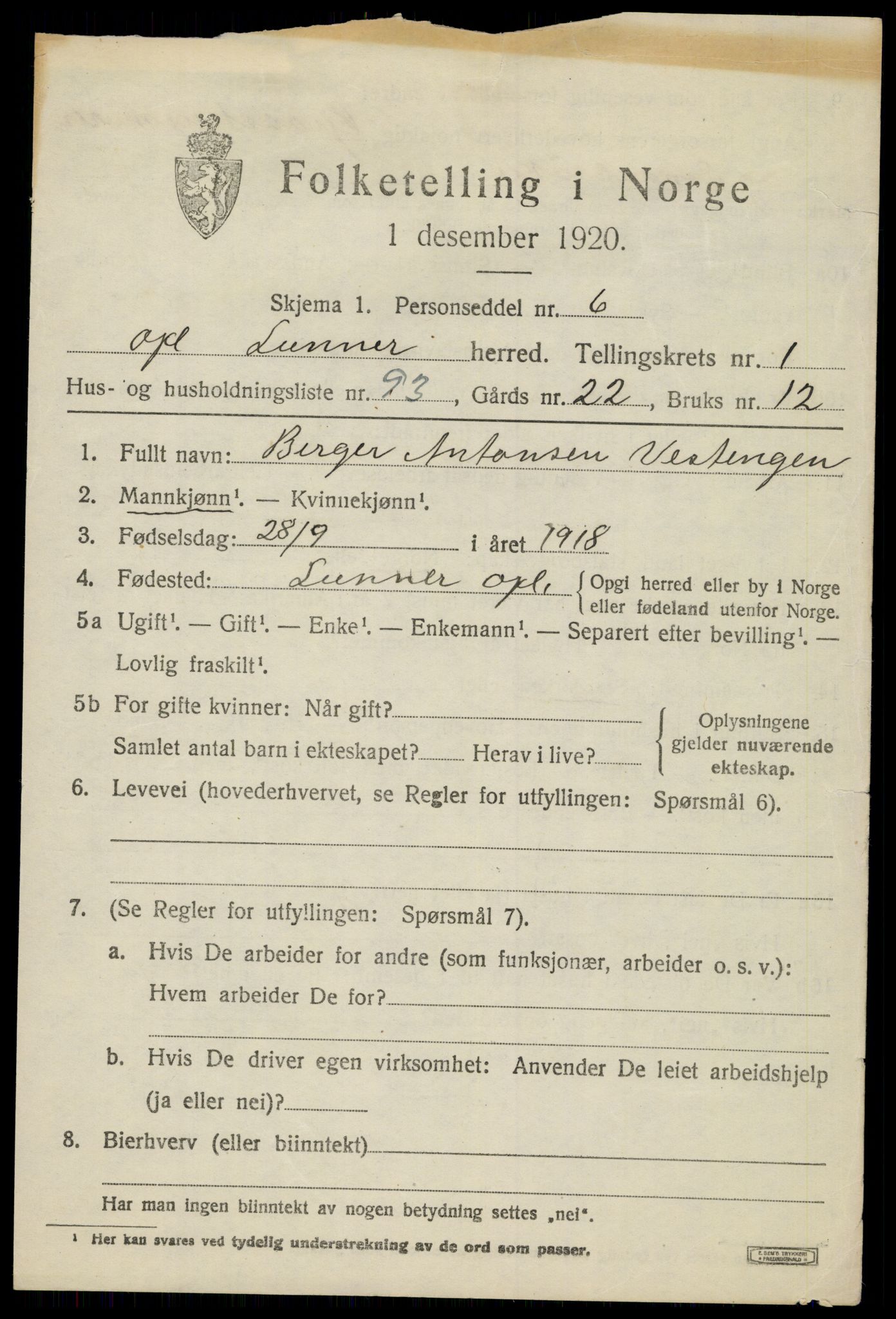 SAH, 1920 census for Lunner, 1920, p. 2865