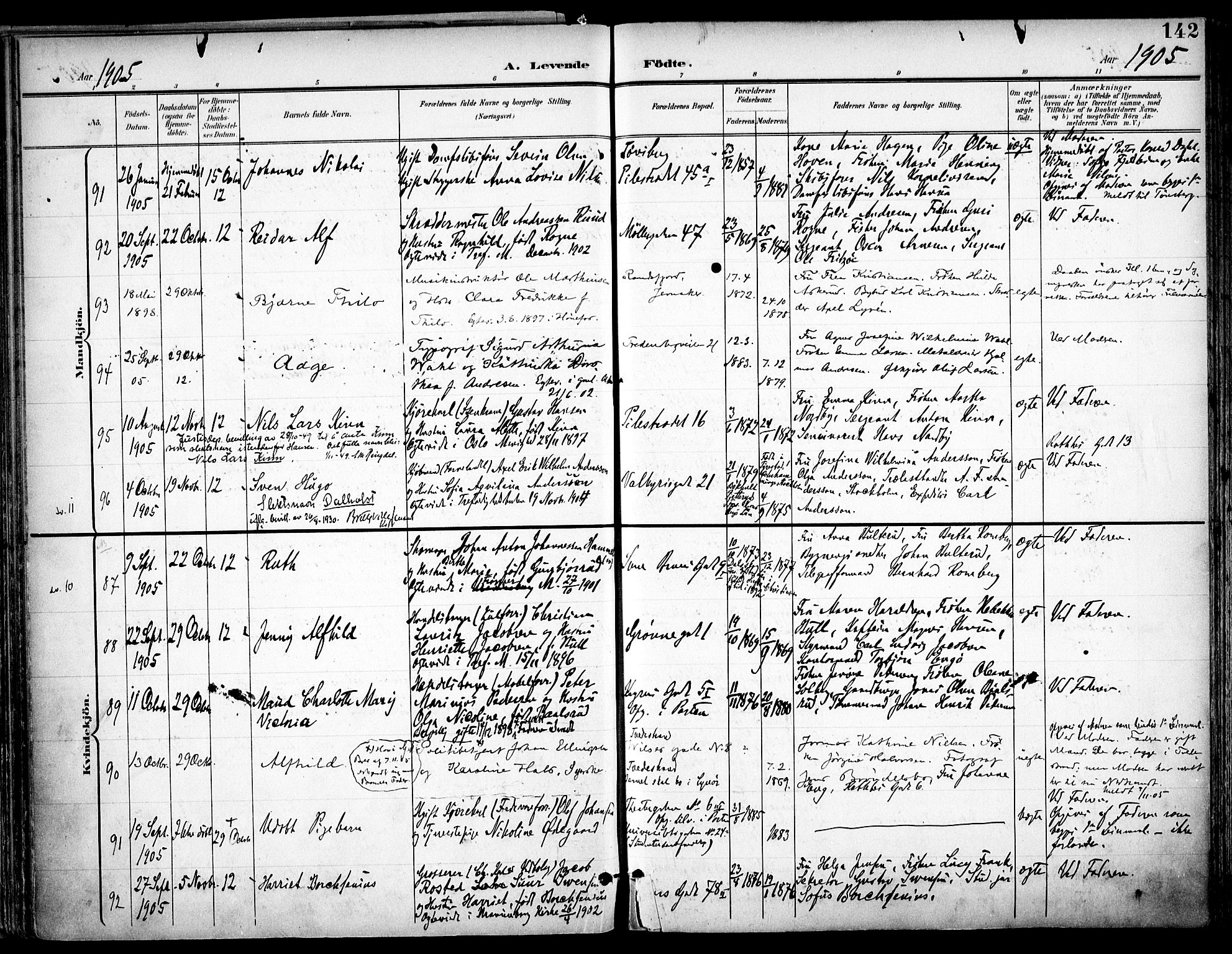 Trefoldighet prestekontor Kirkebøker, SAO/A-10882/F/Fa/L0007: Parish register (official) no. I 7, 1900-1914, p. 142