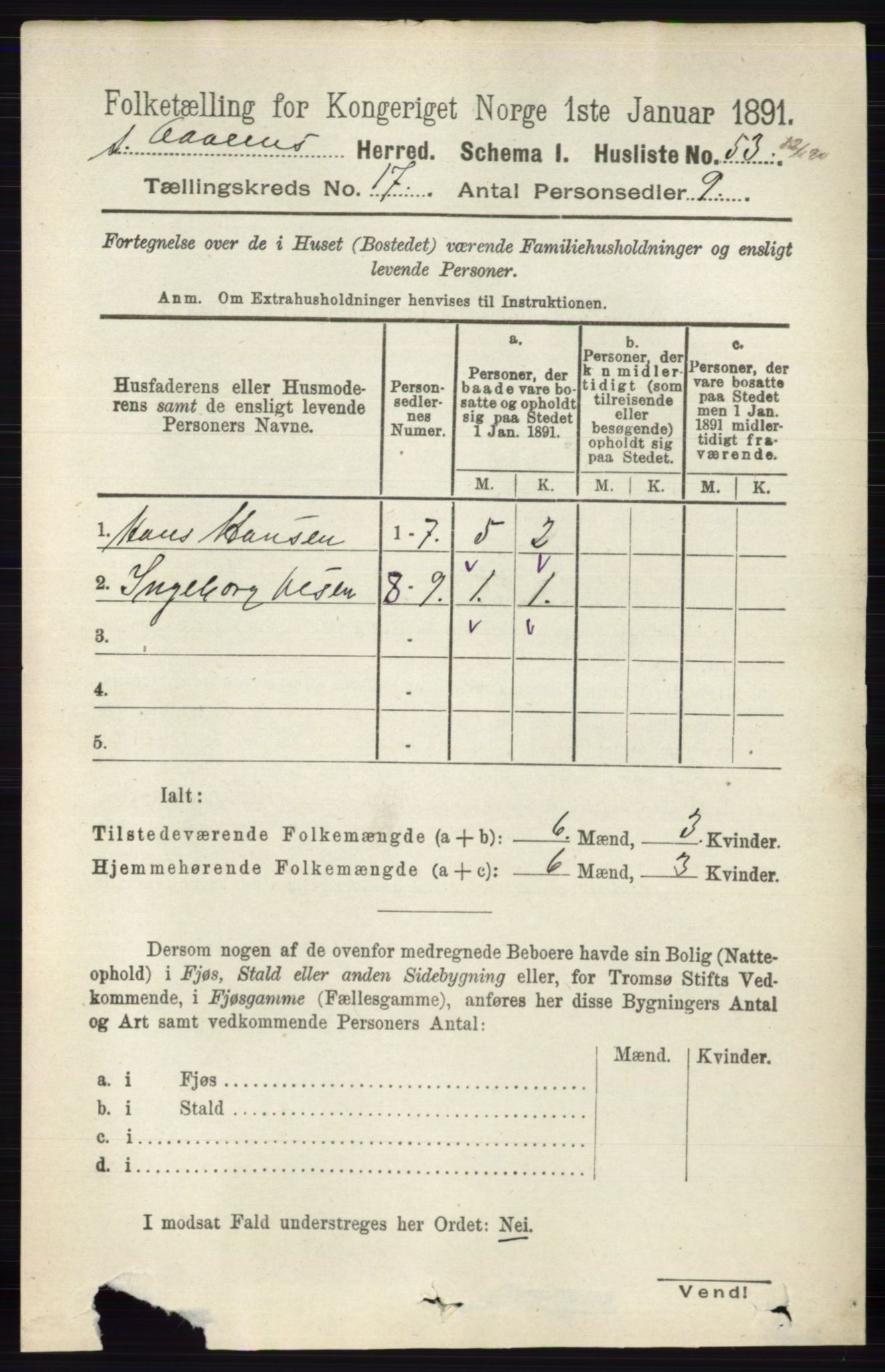 RA, 1891 census for 0419 Sør-Odal, 1891, p. 7833