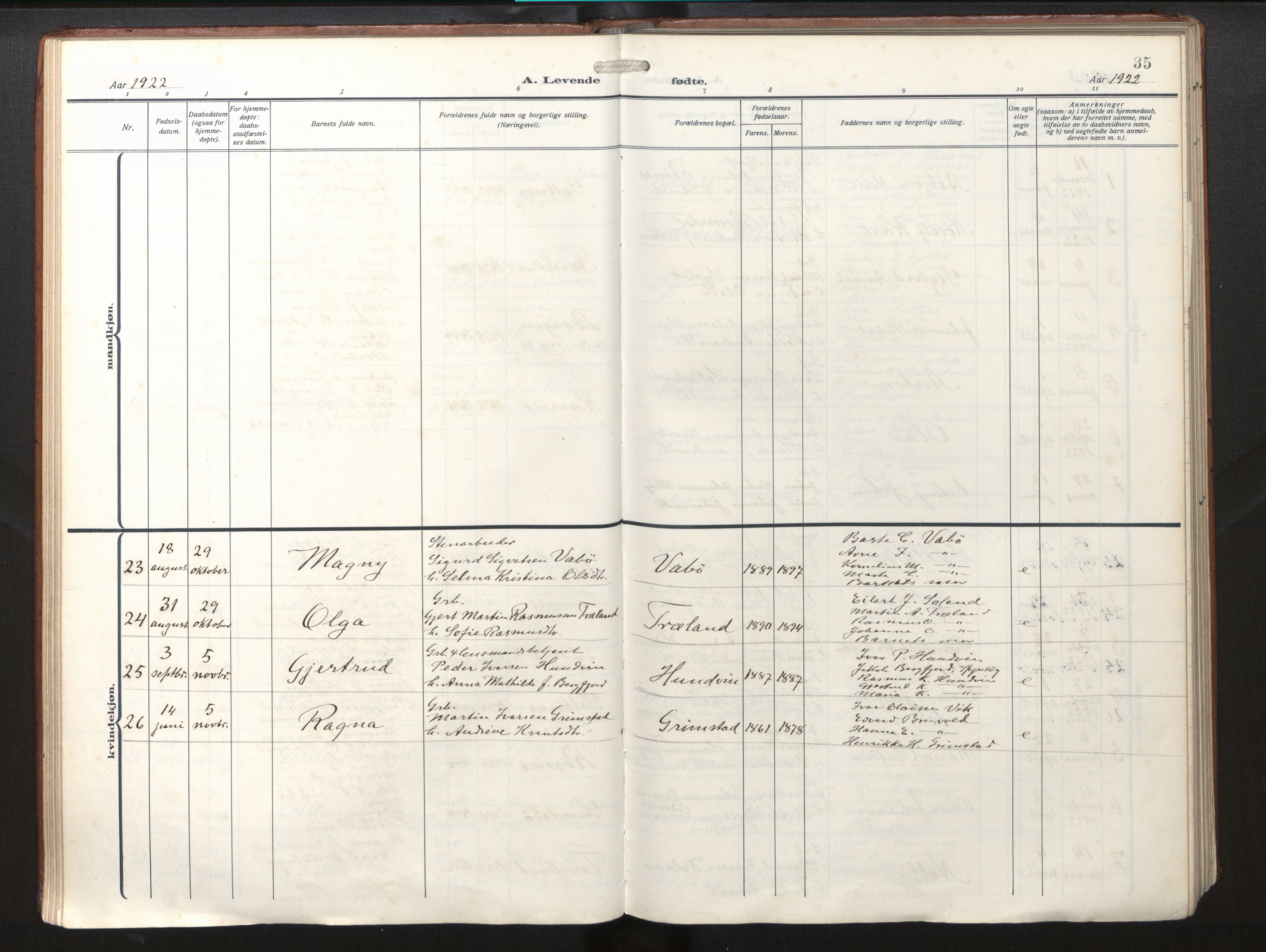 Lindås Sokneprestembete, SAB/A-76701/H/Haa/Haab/L0003: Parish register (official) no. B 3, 1912-1929, p. 35