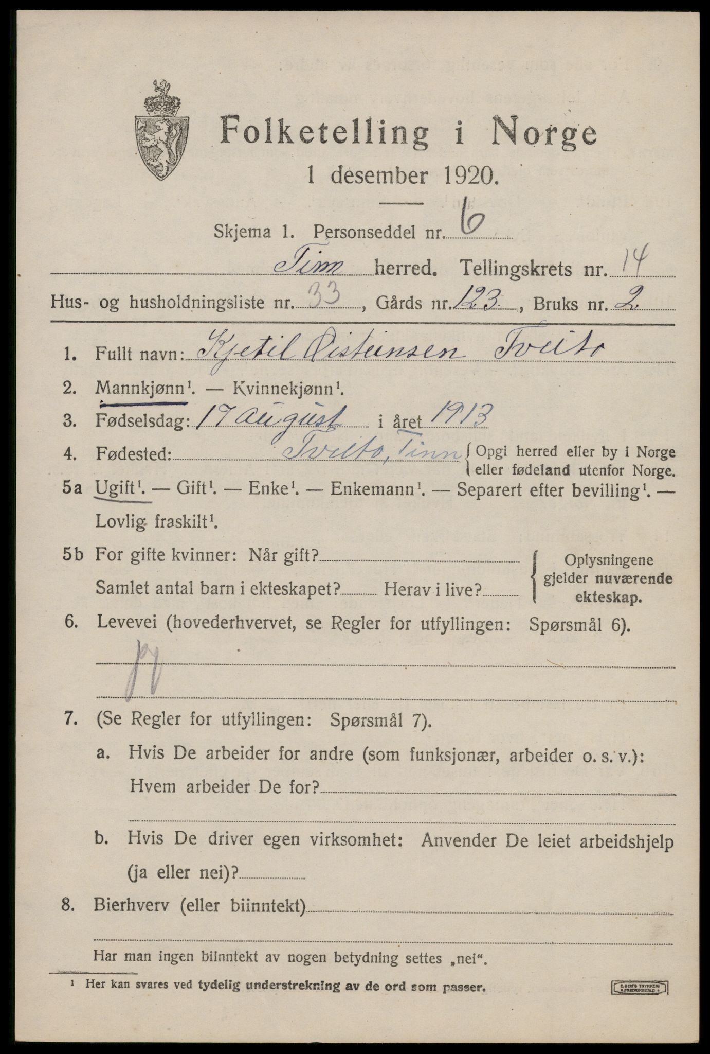 SAKO, 1920 census for Tinn, 1920, p. 9630