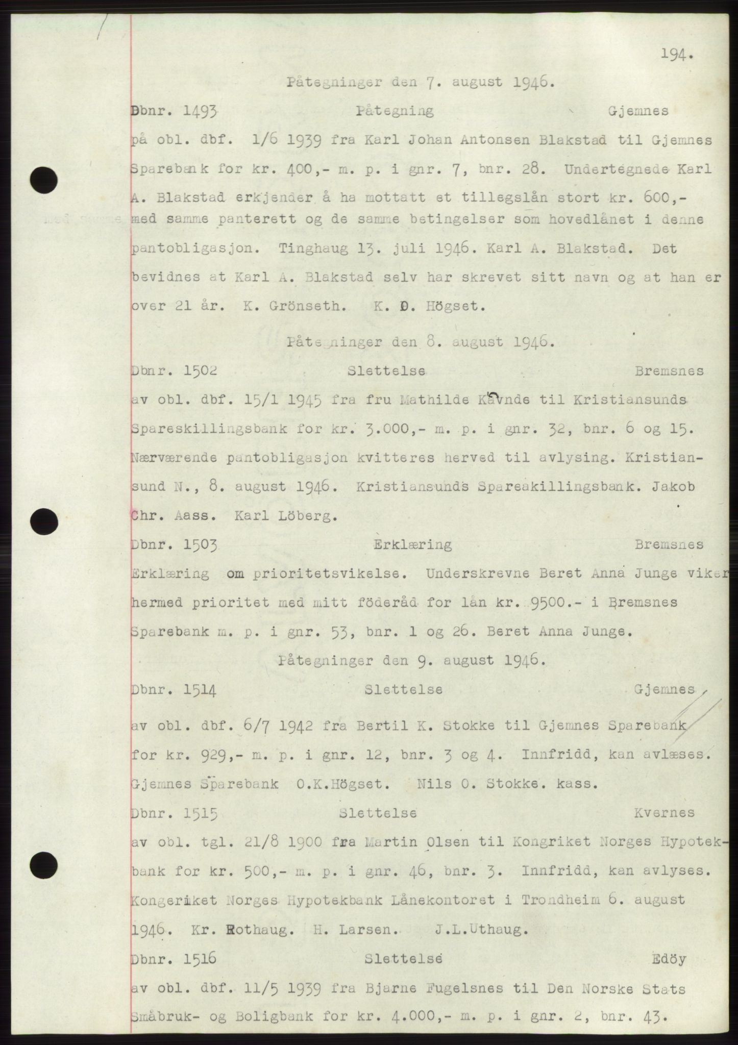 Nordmøre sorenskriveri, SAT/A-4132/1/2/2Ca: Mortgage book no. C82b, 1946-1951, Diary no: : 1493/1946